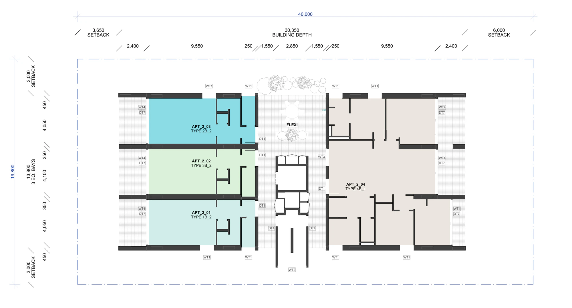 Pattern Book Small Lot Apartments 03 second floor plan showing three complete apartments in the front module, a four bedroom apartment across the rear module and the flexible communal room beside the lift and stair core