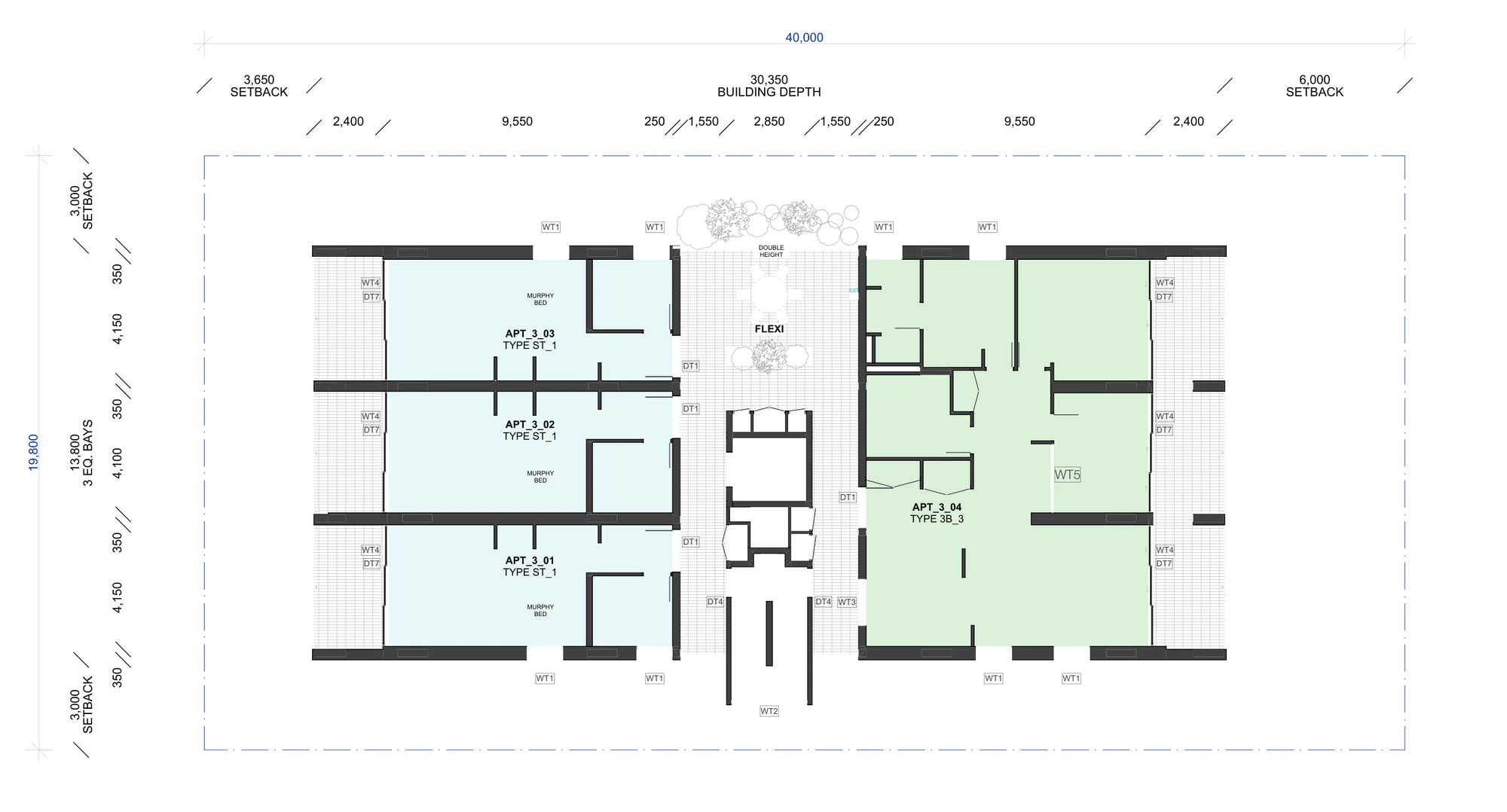 Pattern Book Small Lot Apartments 03 third floor plan showing three studio apartments with murphy beds in the front module, a three bedroom apartment across the rear module and the planted flexible communal room