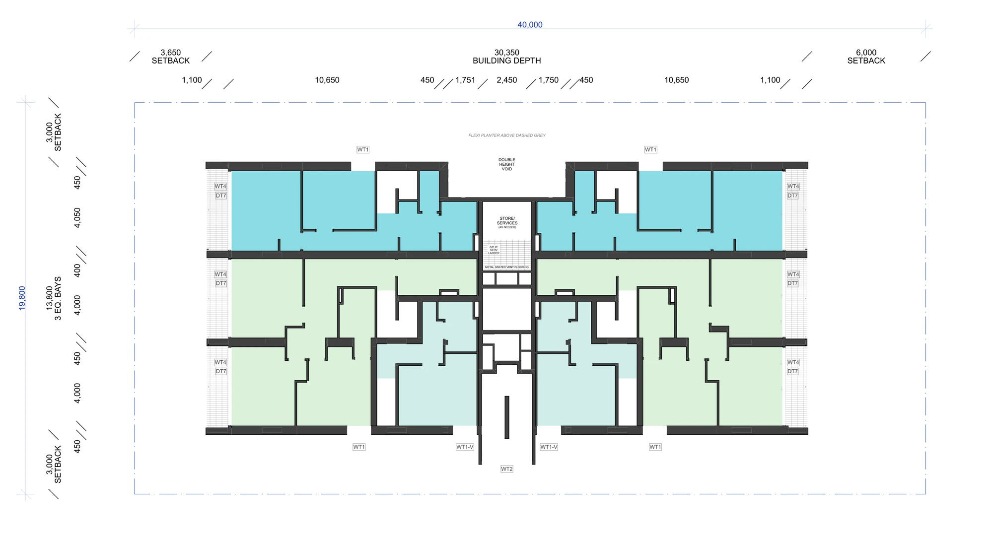Pattern Book Small Lot Apartments 03 fourth floor plan showing the lower levels of the two storey apartments in both modules, the flexible communal room and the central lift and stair core