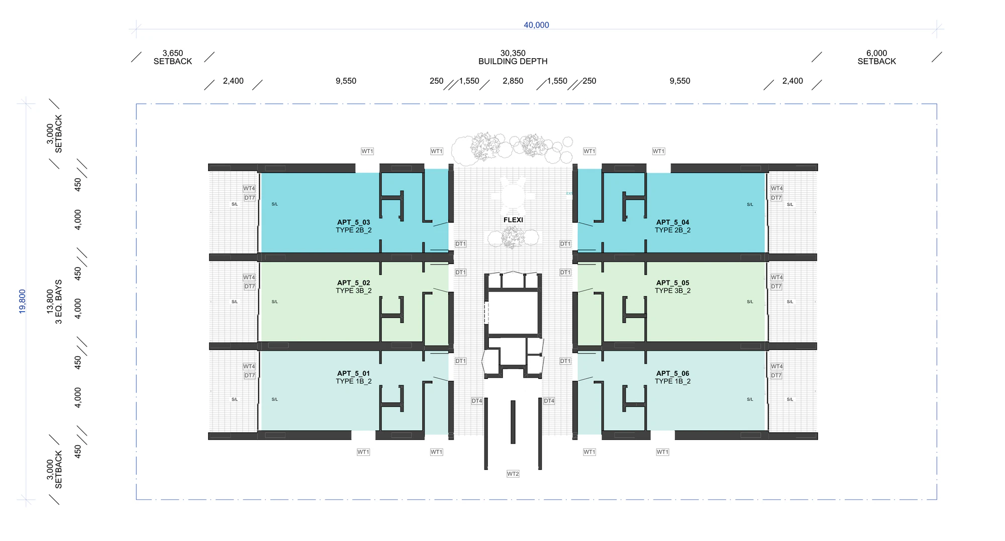 Pattern Book Small Lot Apartments 03 fifth floor plan showing six apartments, a one bedroom, a three bedroom and a two bedroom home in each module, formed as the upper levels of the two storey apartments below