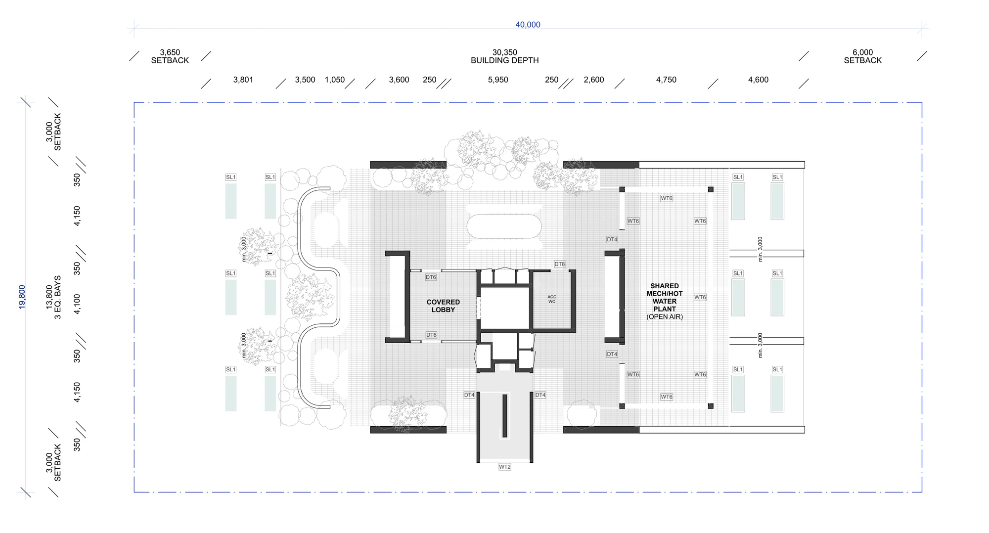 Pattern Book Small Lot Apartments 03 sixth floor plan showing the rooftop level with a covered lobby, accessible toilet, paved communal terrace, raised planters and the open air shared mechanical and hot water plant