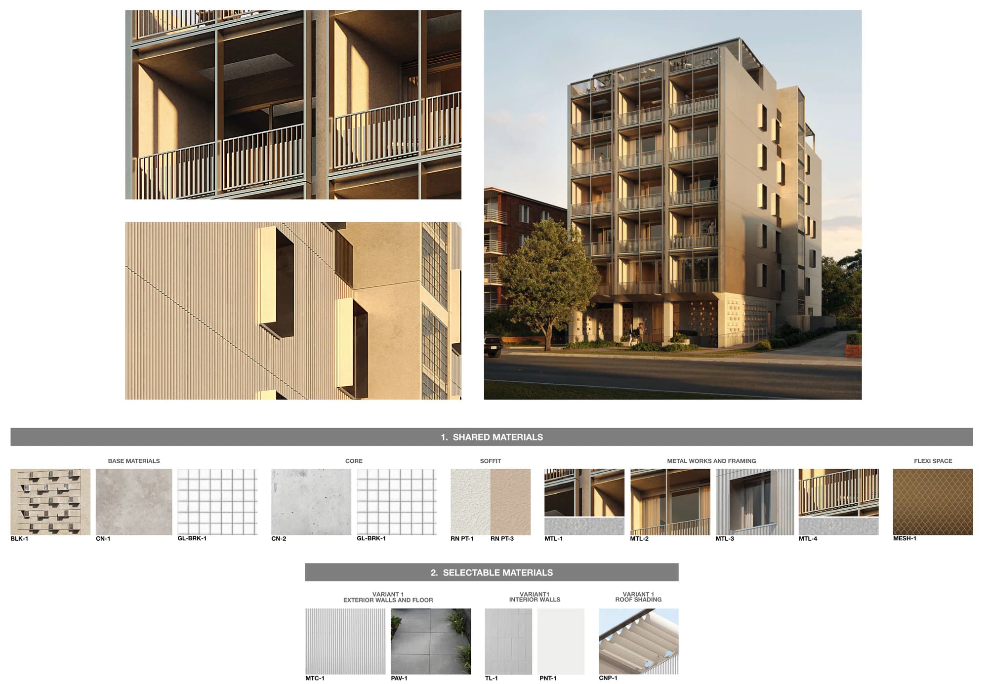 Pattern Book Small Lot Apartments 03 external material palette 1 showing the street render and facade details in unpainted aluminium zinc magnesium coated steel sheet cladding with white blockwork, off form concrete, glass block, textured render soffits and mid grey porcelain paving