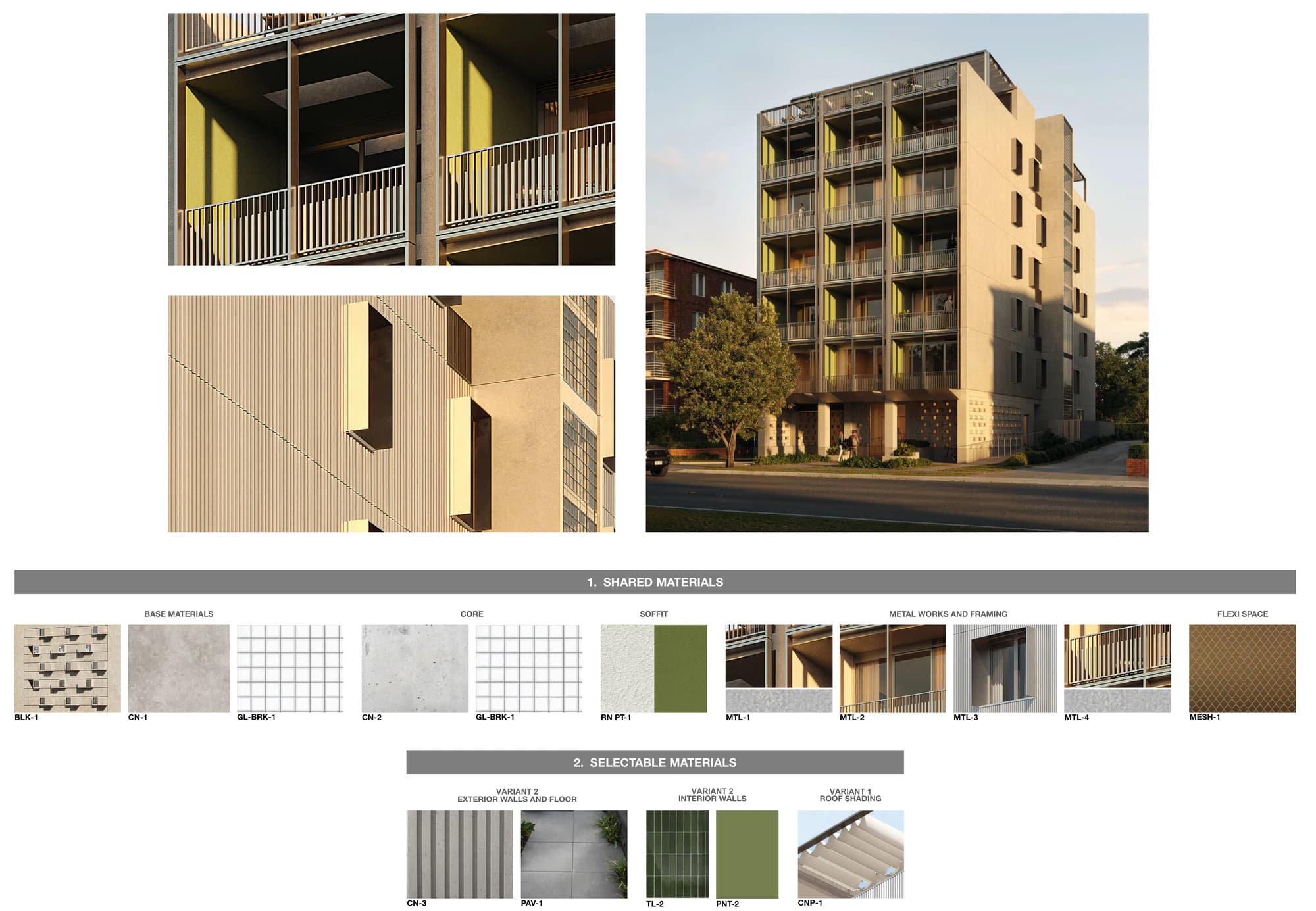 Pattern Book Small Lot Apartments 03 external material palette 2 showing the street render and facade details in ribbed precast concrete panels in beige tones, with white blockwork, off form concrete, glass block and olive green soffits and tiling