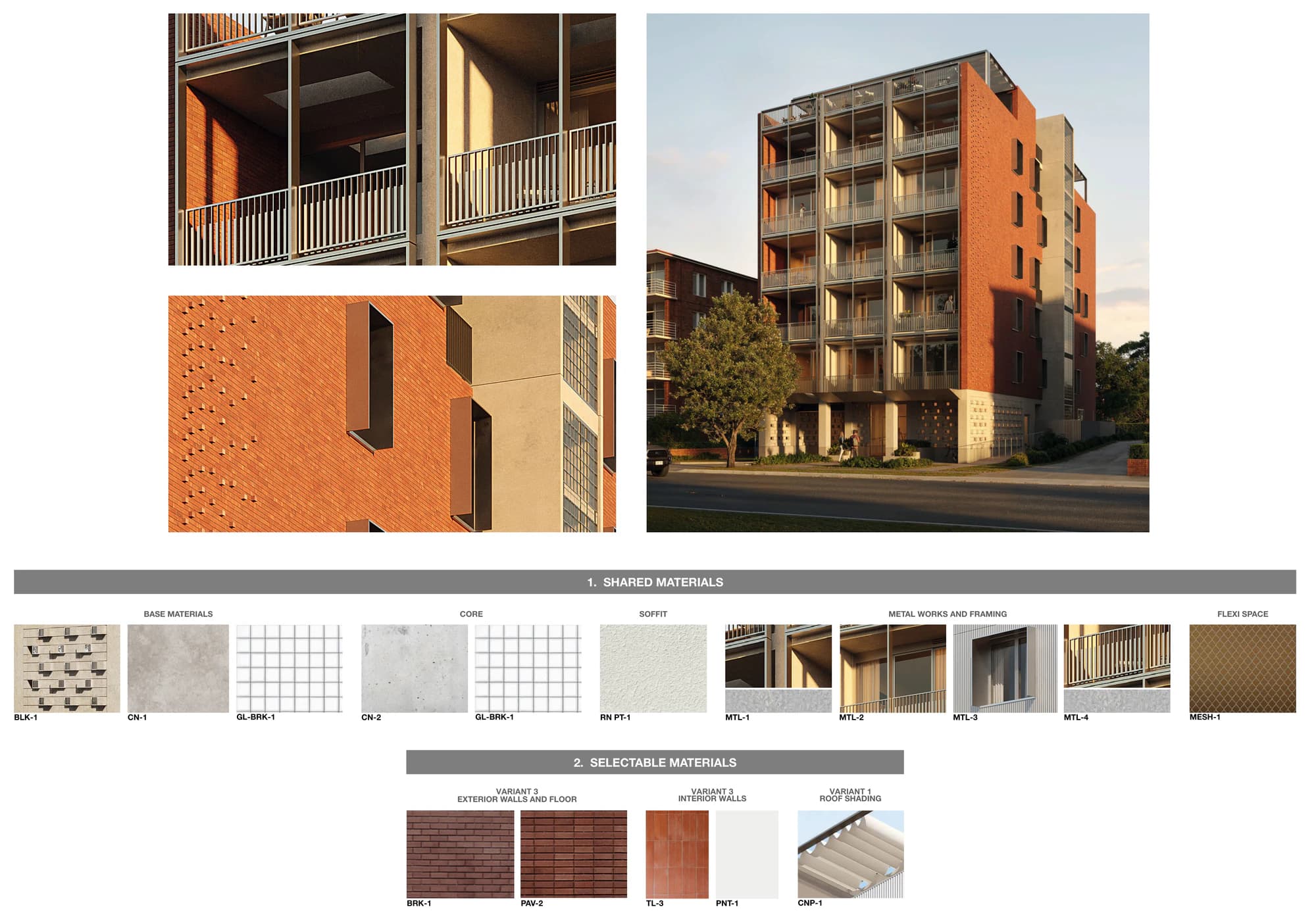 Pattern Book Small Lot Apartments 03 external material palette 3 showing the street render and facade details in red brickwork with flush joints and red brick pavers, with white blockwork, off form concrete, glass block and terracotta tiling