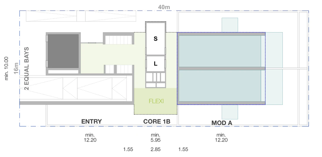 Pattern Book Small Lot Apartments 03 ground level site plan for a 16 by 40 metre mid block lot of 640 square metres, showing the street setback, driveway and entry, the lift and stair core, the flexible communal room and the 2 bay apartment modules inside the site boundary, with apartment levels, a communal rooftop level and a solar roof above; 13 apartments across the complete building