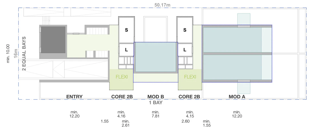 Pattern Book Small Lot Apartments 03 ground level site plan for a 16 by 50.17 metre mid block lot of 803 square metres, showing the street setback, driveway and entry, the lift and stair core, the flexible communal room and the 2 bay apartment modules inside the site boundary, with apartment levels, a communal rooftop level and a solar roof above; 17 apartments across the complete building