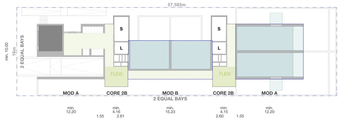 Pattern Book Small Lot Apartments 03 ground level site plan for a 16 by 57.585 metre mid block lot of 921 square metres, showing the street setback, driveway and entry, the lift and stair core, the flexible communal room and the 2 bay apartment modules inside the site boundary, with apartment levels, a communal rooftop level and a solar roof above; 20 apartments across the complete building