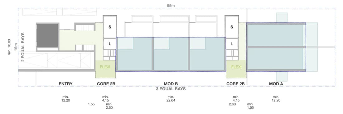 Pattern Book Small Lot Apartments 03 ground level site plan for a 16 by 65 metre mid block lot of 1,040 square metres, showing the street setback, driveway and entry, the lift and stair core, the flexible communal room and the 2 bay apartment modules inside the site boundary, with apartment levels, a communal rooftop level and a solar roof above; 24 apartments across the complete building