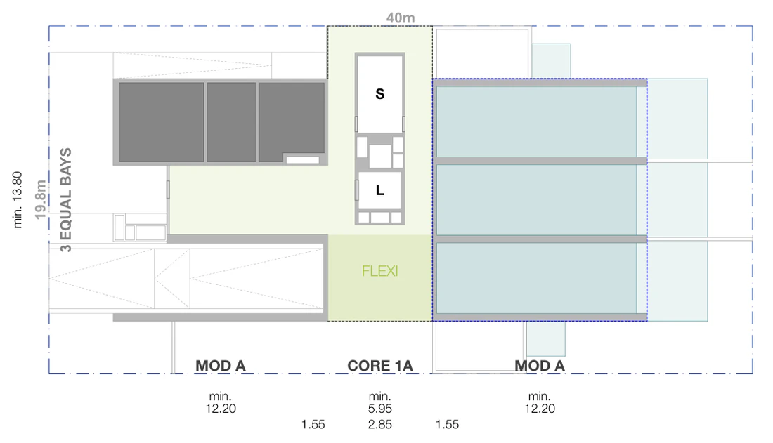 Pattern Book Small Lot Apartments 03 ground level site plan for a 19.8 by 40 metre mid block lot of 792 square metres, showing the street setback, driveway and entry, the lift and stair core, the flexible communal room and the 3 bay apartment modules inside the site boundary, with apartment levels, a communal rooftop level and a solar roof above; 17 apartments across the complete building