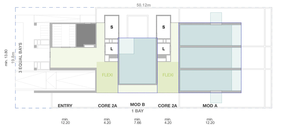 Pattern Book Small Lot Apartments 03 ground level site plan for a 19.8 by 50.12 metre mid block lot of 992 square metres, showing the street setback, driveway and entry, the lift and stair core, the flexible communal room and the 3 bay apartment modules inside the site boundary, with apartment levels, a communal rooftop level and a solar roof above; 23 apartments across the complete building