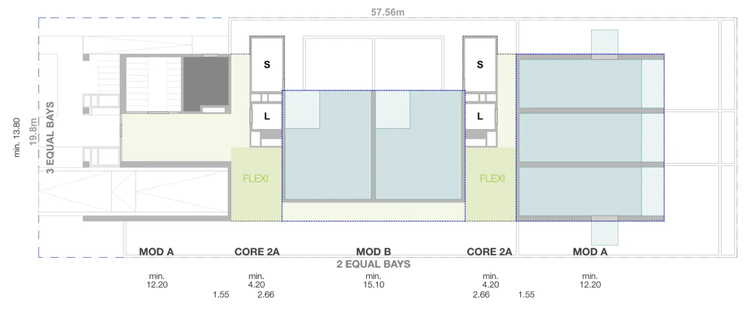 Pattern Book Small Lot Apartments 03 ground level site plan for a 19.8 by 57.56 metre mid block lot of 1,140 square metres, showing the street setback, driveway and entry, the lift and stair core, the flexible communal room and the 3 bay apartment modules inside the site boundary, with apartment levels, a communal rooftop level and a solar roof above; 24 apartments across the complete building
