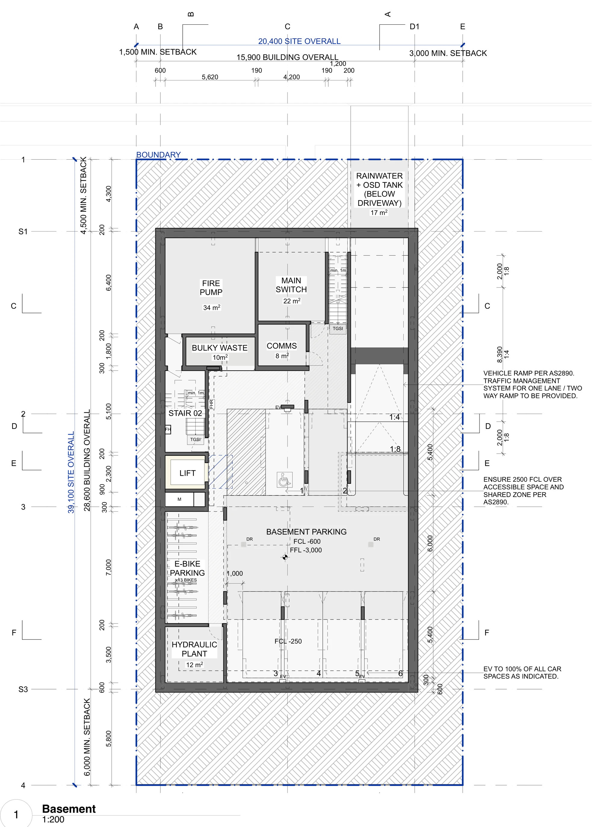 Pattern Book Small Lot Apartments 04 base pattern basement plan showing six car spaces with electric vehicle charging, thirteen e bike spaces, the fire pump, main switch, comms and hydraulic plant rooms, bulky waste store, lift, fire stair and the rainwater and on site detention tank under the driveway