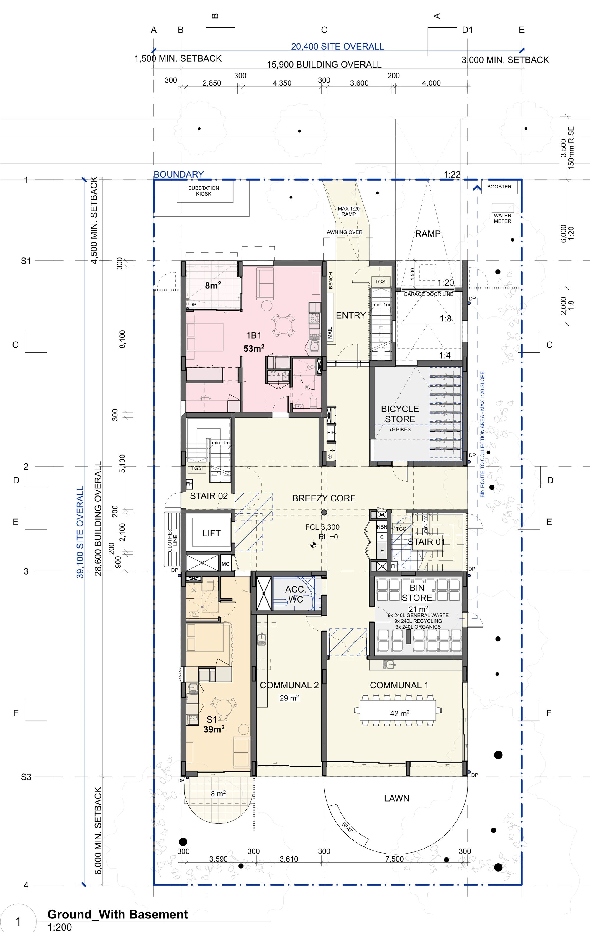 Pattern Book Small Lot Apartments 04 base pattern ground floor plan with basement parking, showing a 53 square metre one bedroom apartment and a 39 square metre studio, the street entry, breezy core, lift, two fire stairs, bicycle store for nine bikes, 21 square metre bin store, accessible toilet, two communal rooms of 42 and 29 square metres, substation kiosk, basement ramp and the rear lawn