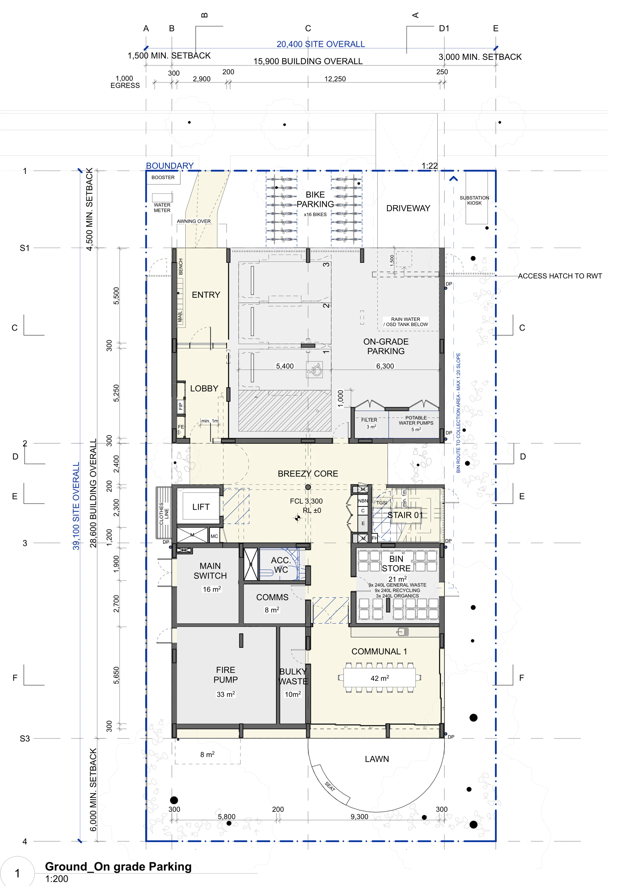 Pattern Book Small Lot Apartments 04 base pattern ground floor plan with on grade parking, showing the parking bays and driveway, bike parking for sixteen bikes, the street entry and lobby, breezy core, lift, two fire stairs, main switch, comms, fire pump, bulky waste and 21 square metre bin store, a 42 square metre communal room and the rear lawn, with no apartments on this level