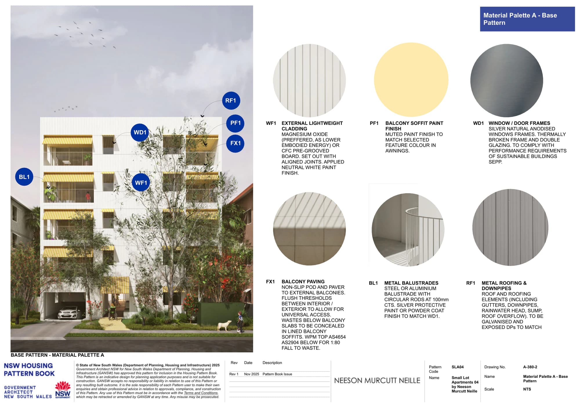 Pattern Book Small Lot Apartments 04 Material Palette A for the base pattern, a street render of the white lightweight cladding facade with yellow awnings, alongside swatches for the magnesium oxide or compressed fibre cement pre grooved board, yellow balcony soffit paint, silver anodised window frames, balcony paving, metal balustrades and galvanised metal roofing