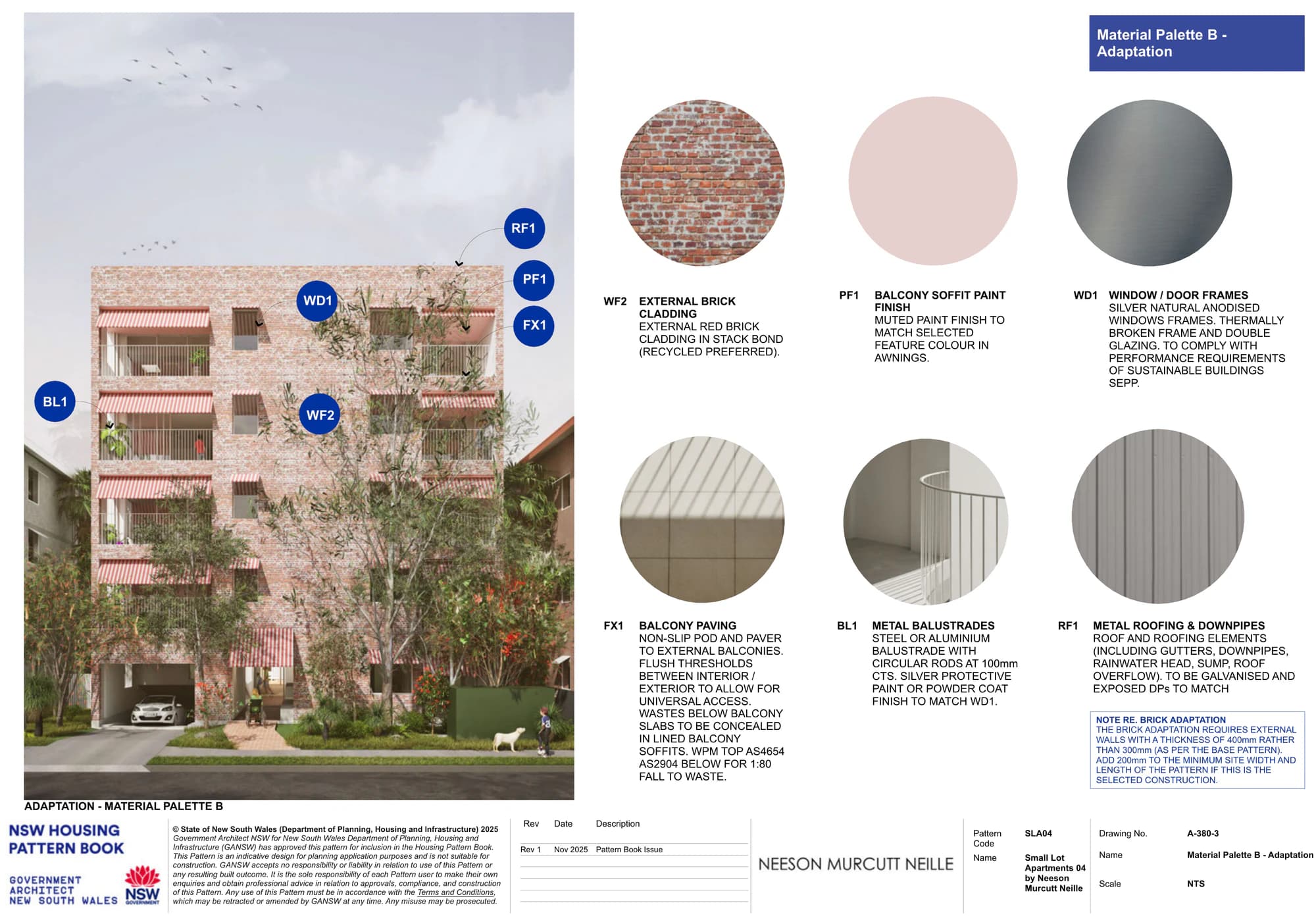 Pattern Book Small Lot Apartments 04 Material Palette B for the brick adaptation, a street render of the red brick facade with pink awnings, alongside swatches for the stack bond red brick, pink balcony soffit paint, silver anodised window frames, balcony paving, metal balustrades and galvanised metal roofing, with the note that brick requires 400 millimetre external walls and 200 millimetres more lot width and length