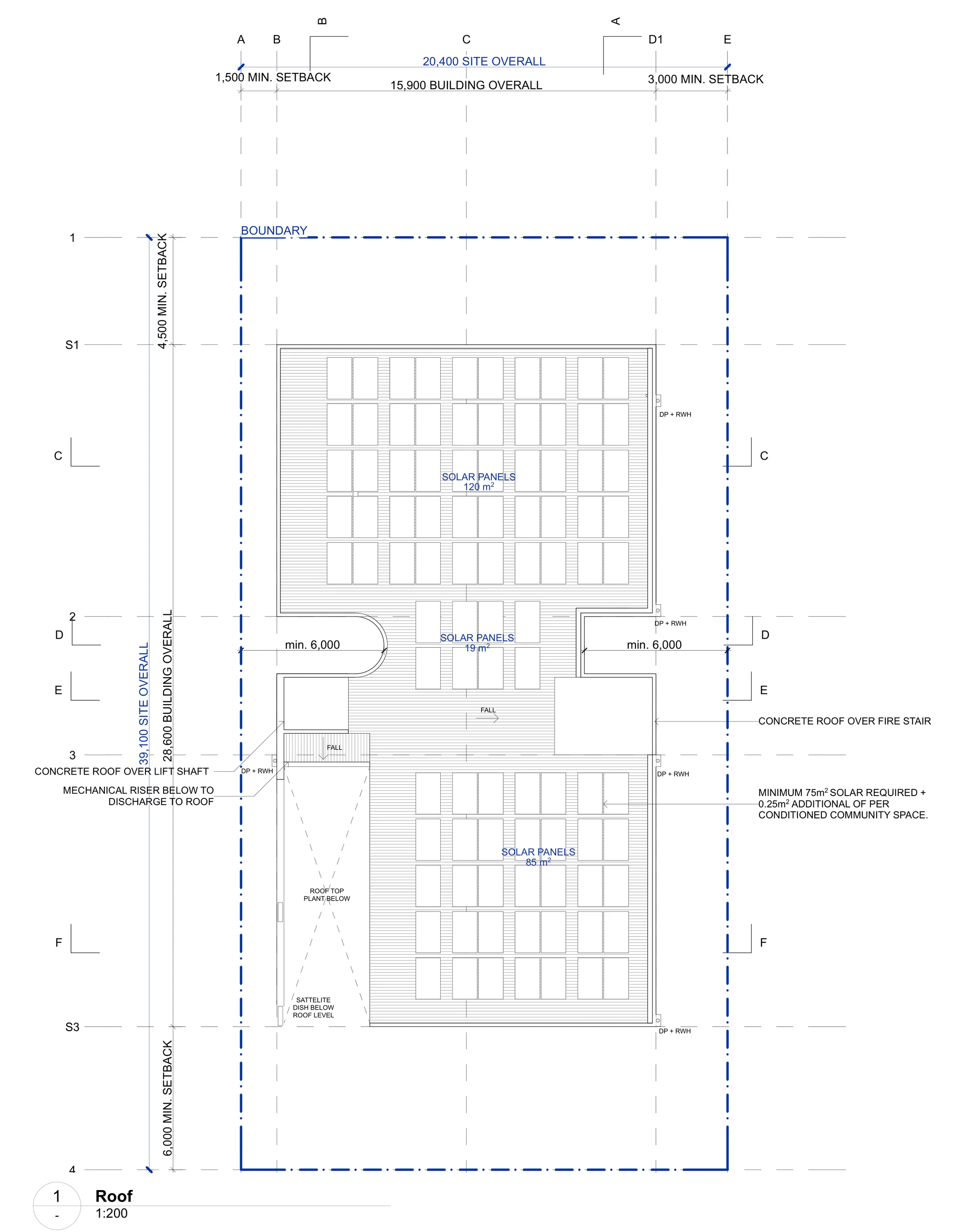 Pattern Book Small Lot Apartments 04 roof plan showing three solar arrays of 120, 19 and 85 square metres, roof falls and downpipes with rainwater harvesting, concrete roofs over the lift shaft and fire stair, the rooftop plant and satellite dish below, and the note requiring a minimum of 75 square metres of solar