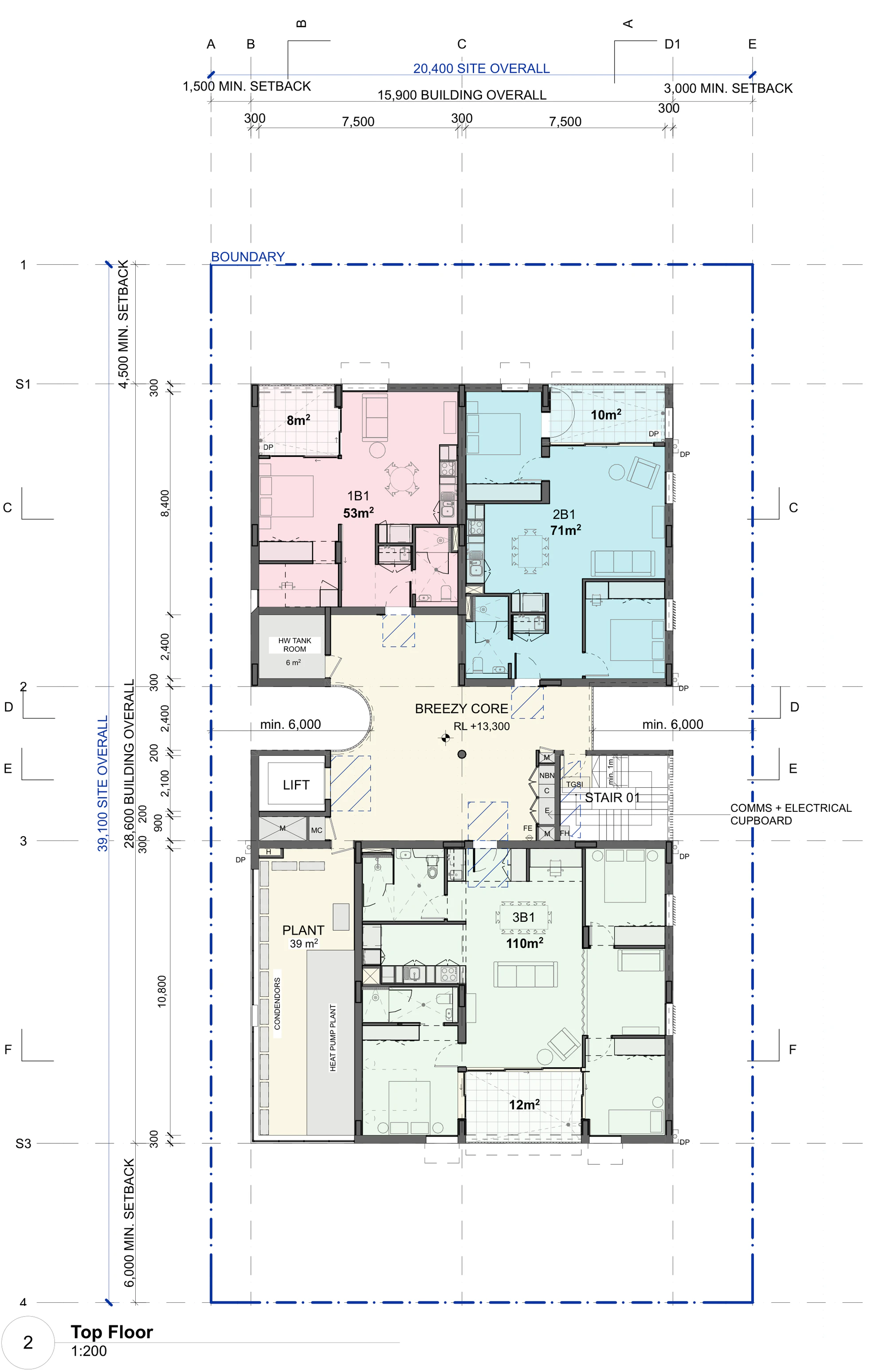 Pattern Book Small Lot Apartments 04 top floor plan showing three apartments around the open breezy core, a 53 square metre one bedroom, a 71 square metre two bedroom and a 110 square metre three bedroom, with a 39 square metre plant area holding the heat pump plant and condensers where the studio sits on lower floors, plus the hot water tank room, lift and fire stair