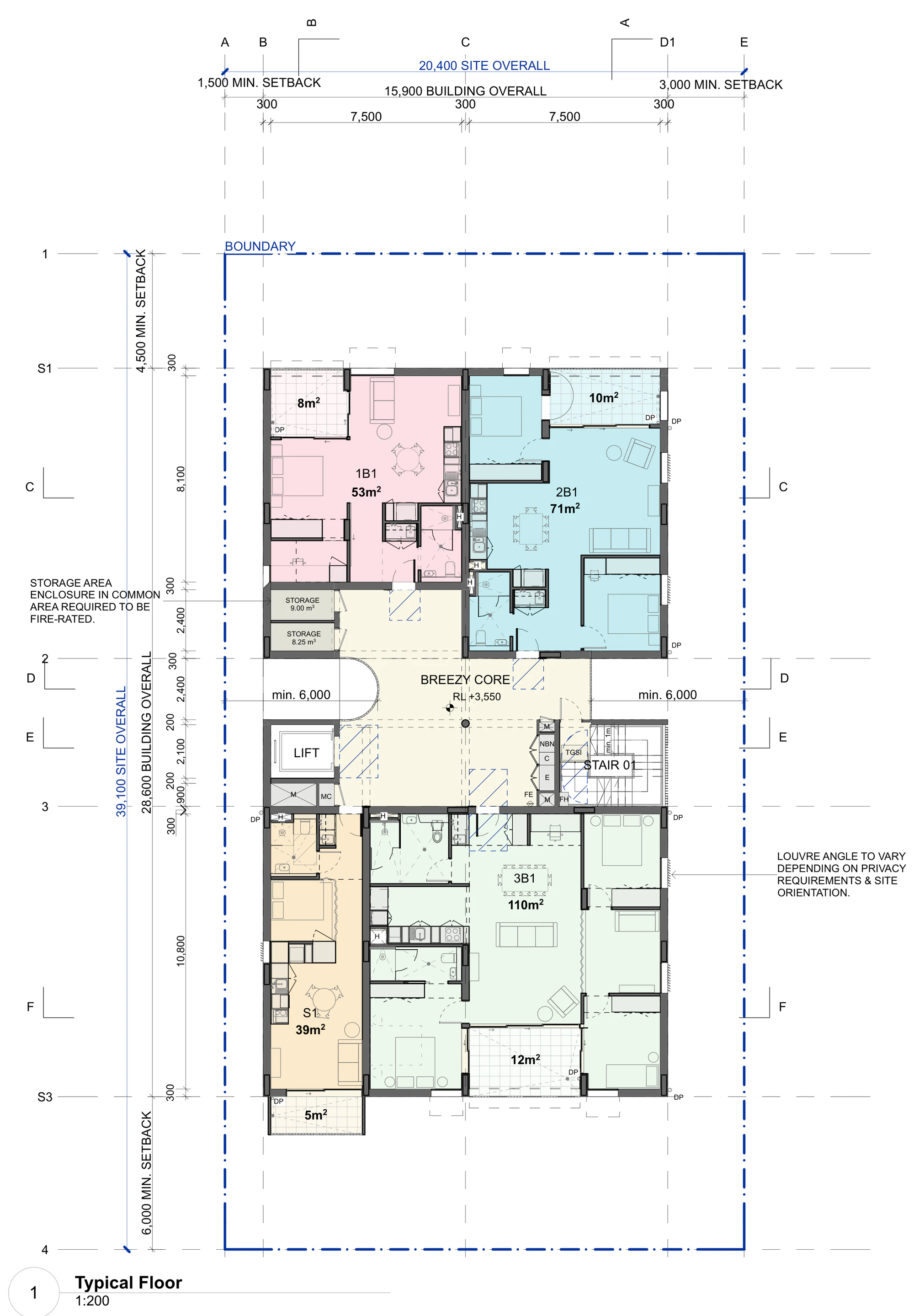 Pattern Book Small Lot Apartments 04 typical floor plan at level 1, showing four apartments around the open breezy core: a 53 square metre one bedroom, a 71 square metre two bedroom, a 39 square metre studio and a 110 square metre three bedroom, with balconies, the lift, fire stair and common storage