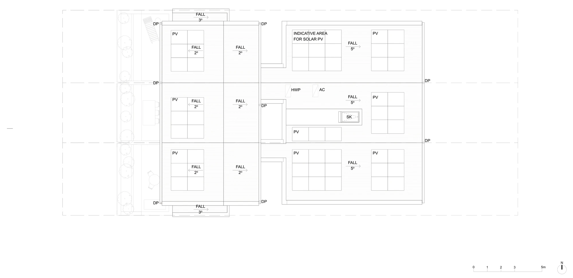 Pattern Book Terraces 01 additional room adaptation roof plan A-3214, showing the roof over the new second floor room falling 2 degrees with its own solar photovoltaic areas, the remaining terrace floor, and the main roof falling 5 degrees