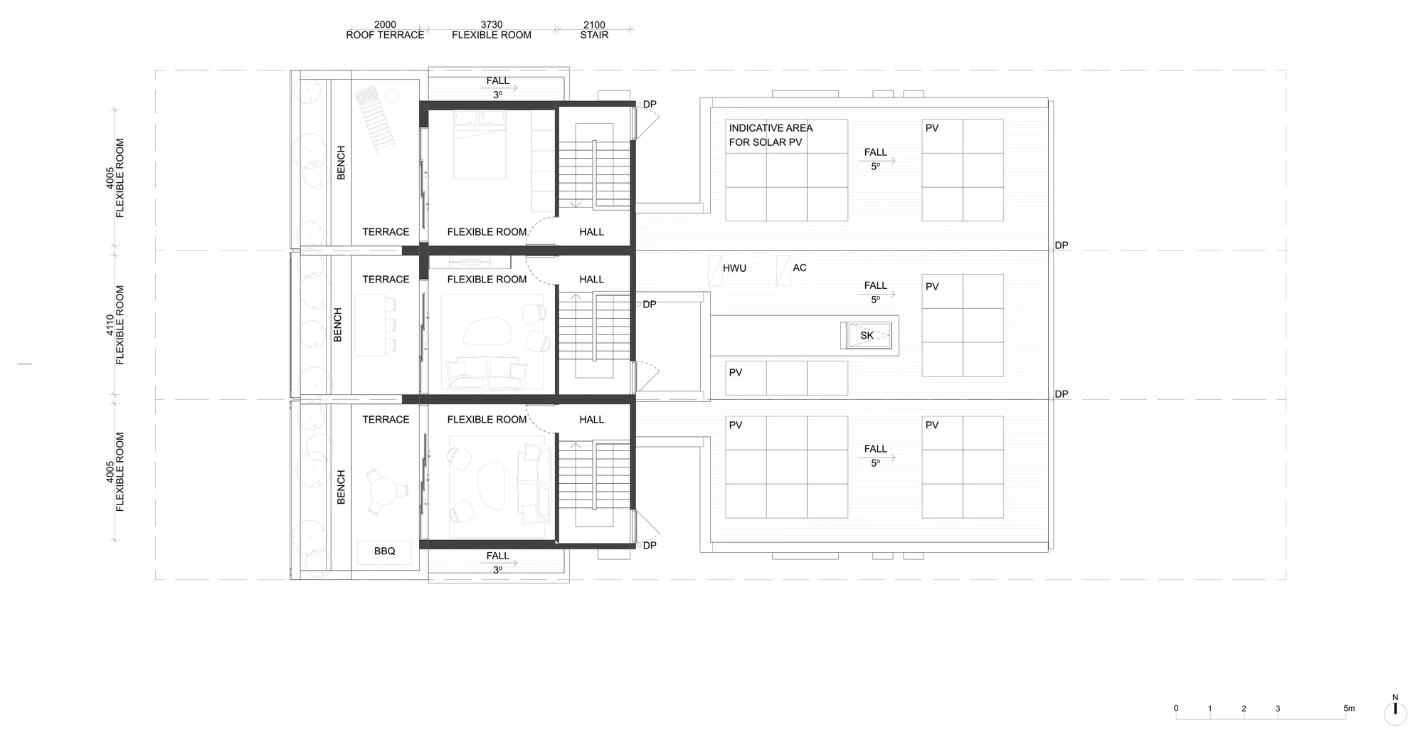 Pattern Book Terraces 01 additional room adaptation second floor plan A-3213, showing a flexible room used as a bedroom or living room beside the stair, opening onto a smaller terrace with a bench and a barbecue, and the main roof behind with solar panels