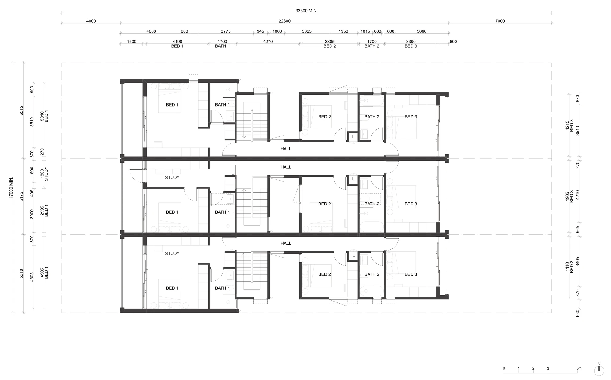 Pattern Book Terraces 01 corner site adaptation first floor plan A-328, showing bedroom 1 and a bathroom to the corner, studies over the middle of each plan, and bedroom 2, a second bathroom and bedroom 3 to the rear