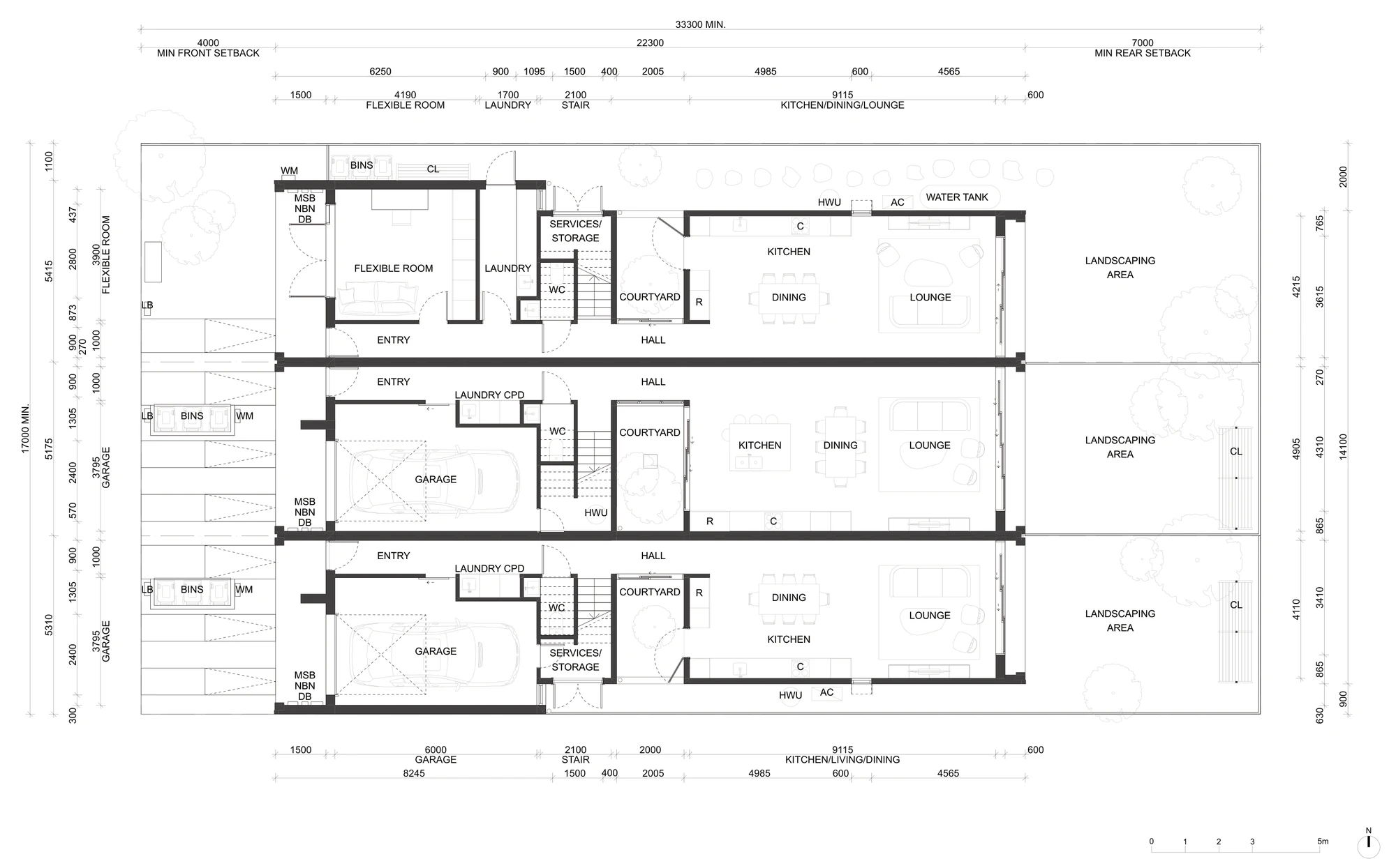 Pattern Book Terraces 01 corner site adaptation ground floor plan A-327, drawn on a 17 metre minimum site width, showing the end terrace turned into a flexible room, laundry and courtyard facing the secondary street, with the other two terraces keeping their garages