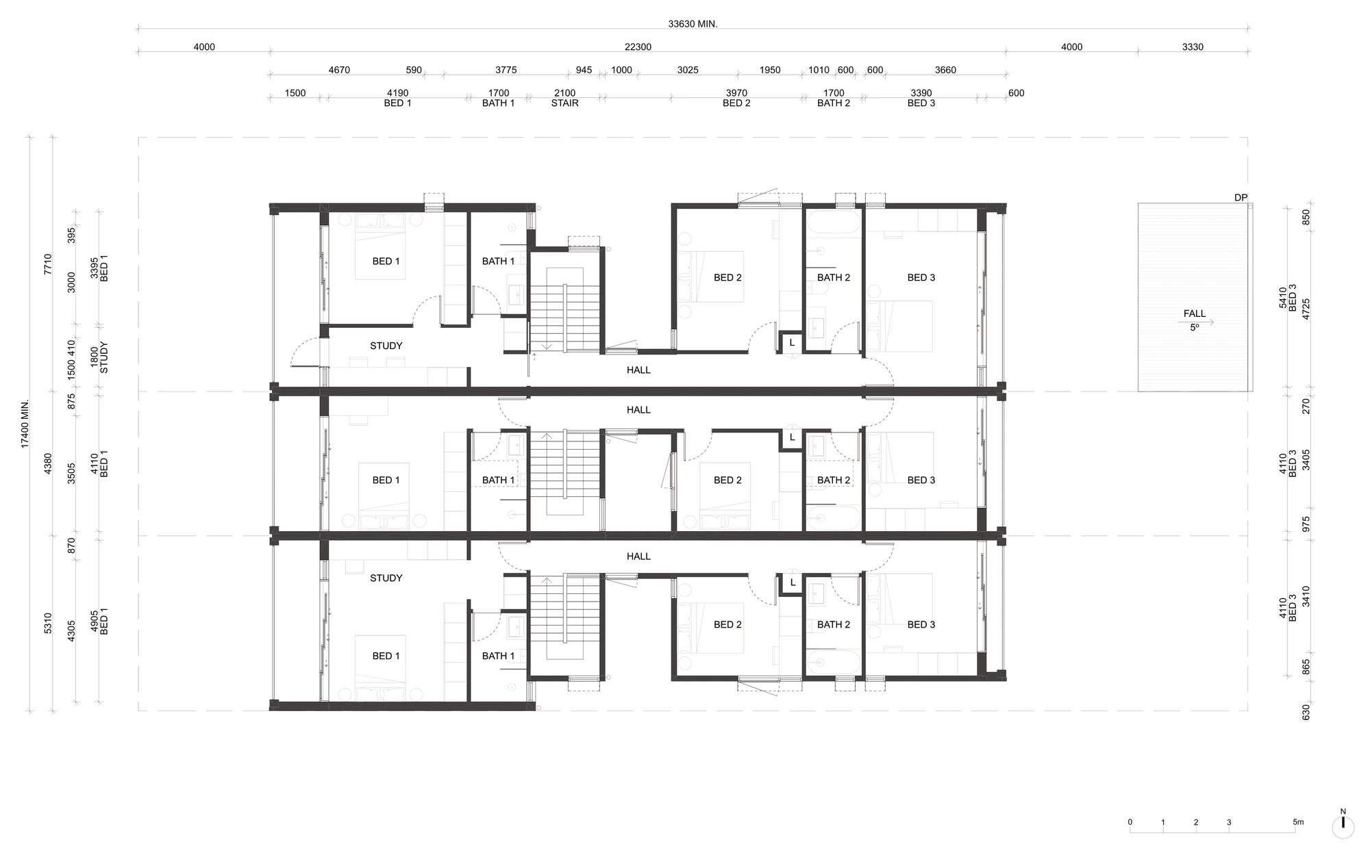 Pattern Book Terraces 01 corner site and rear parking adaptation first floor plan A-3210, showing bedroom 1, a study and a bathroom to the front and bedroom 2, a second bathroom and bedroom 3 to the rear, with the detached garage roof beyond