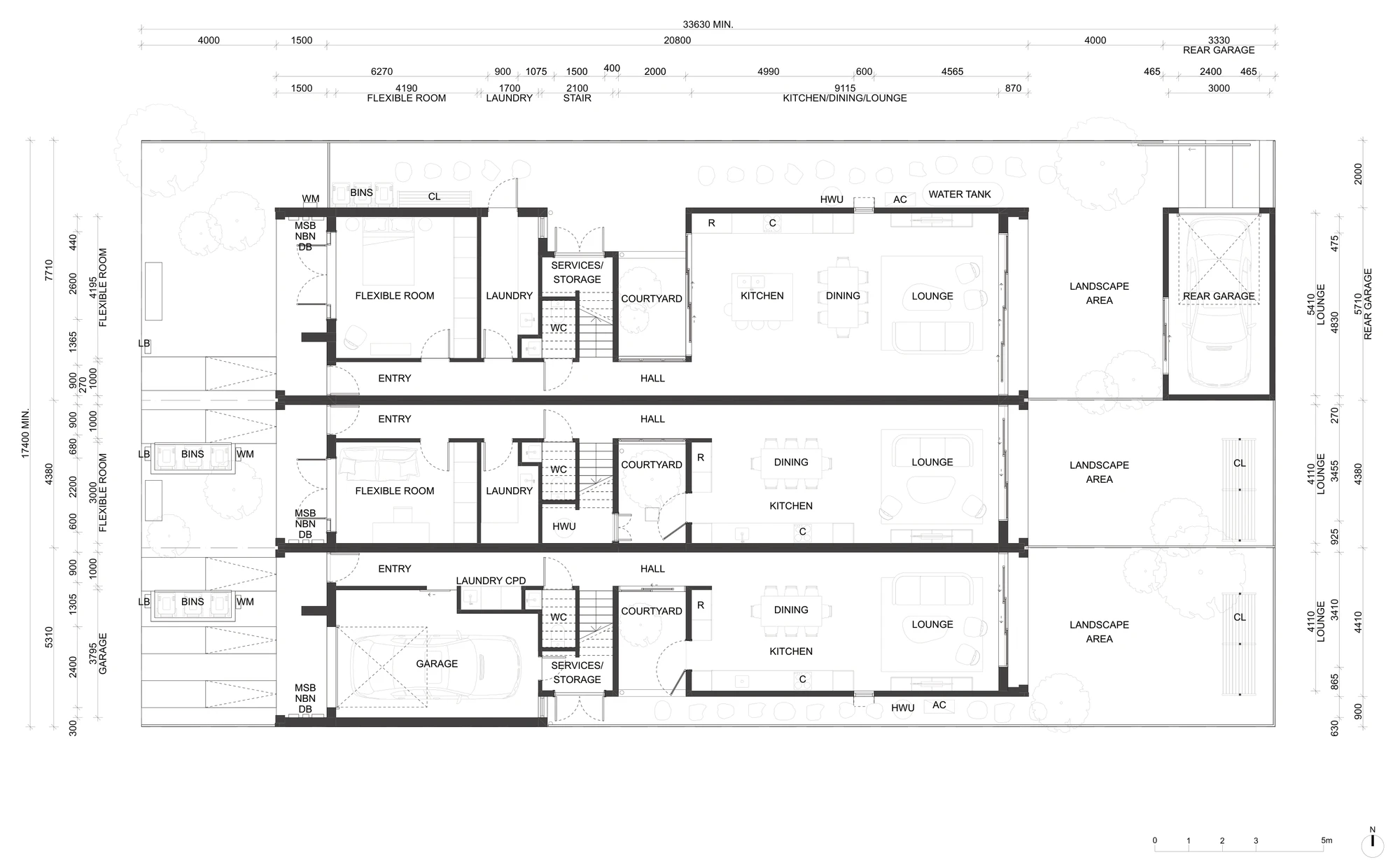 Pattern Book Terraces 01 corner site and rear parking adaptation ground floor plan A-329, drawn on a 17.4 metre minimum site width and 33.63 metre length, showing a detached rear garage reached from the secondary street and a flexible front room on the corner terrace