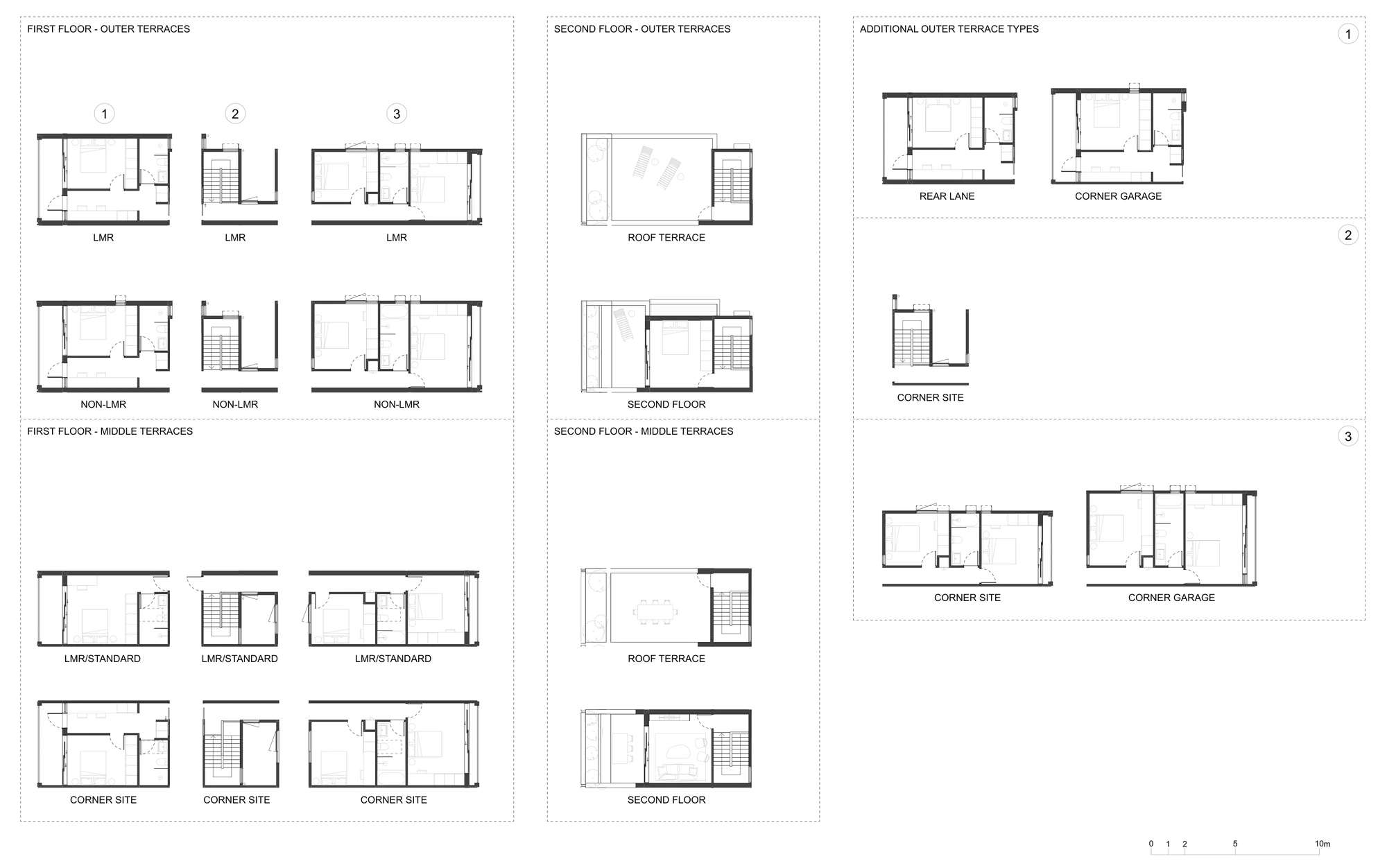 Pattern Book Terraces 01 first floor adaptation sheet A-322 showing the pre defined first floor options for the outer and middle terraces, the second floor roof terrace and additional room options, and the rear lane, corner site and corner garage variants