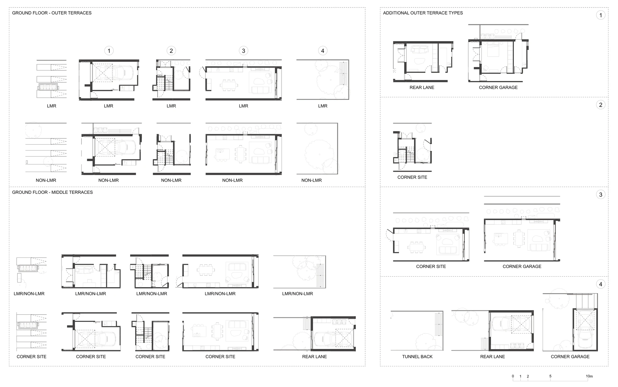 Pattern Book Terraces 01 ground floor adaptation sheet A-321 showing the pre defined ground floor options for the outer terraces and the middle terrace in LMR housing areas and elsewhere, plus the rear lane, corner site, corner garage and tunnel back variants