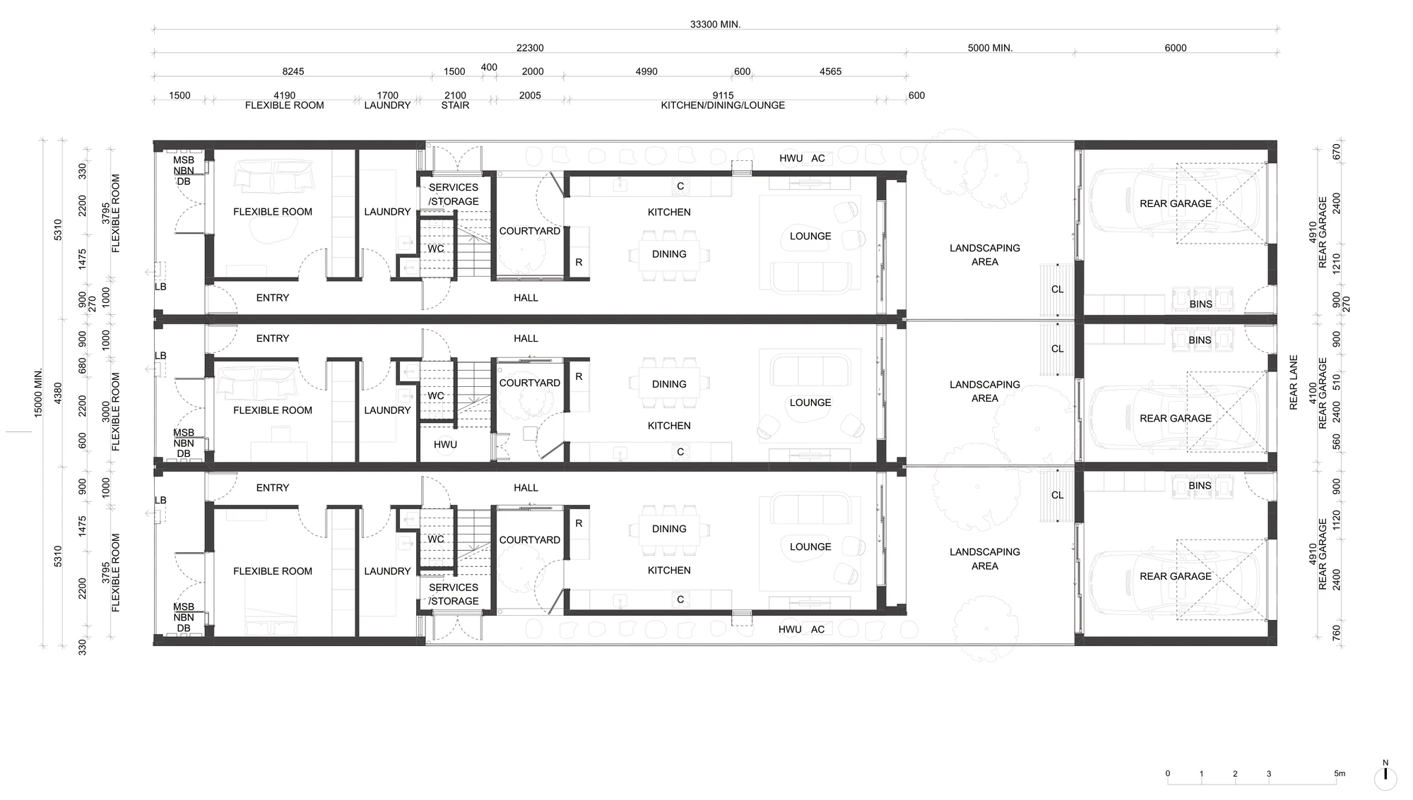 Pattern Book Terraces 01 rear lane adaptation ground floor plan A-323, showing three terraces on a 15 metre wide by 33.3 metre deep block with flexible front rooms to the street, courtyards, open living rooms, landscaped gardens and three separate rear garages off the lane