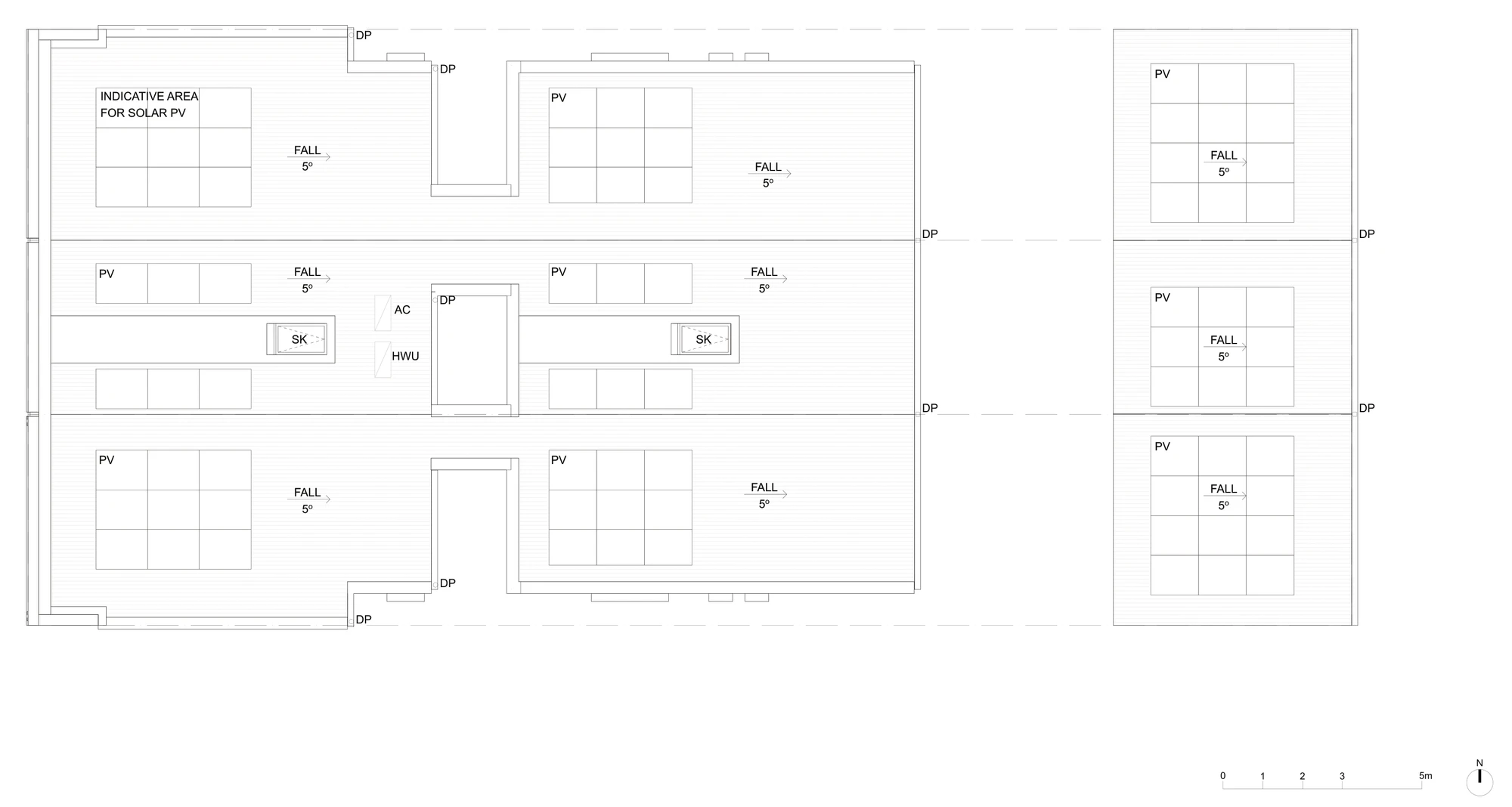 Pattern Book Terraces 01 rear lane adaptation roof plan A-324, showing the low pitched terrace roofs with solar photovoltaic areas and skylights, and the three detached rear garage roofs with their own solar areas