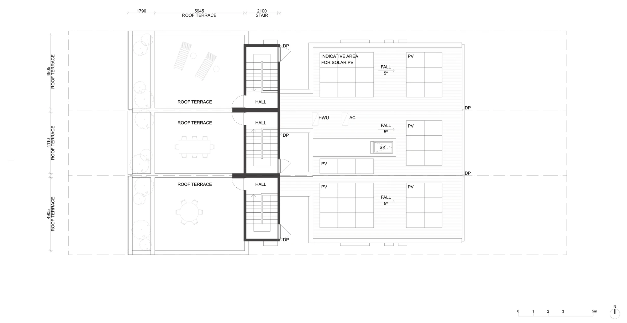 Pattern Book Terraces 01 roof terrace adaptation plan A-3211, showing a second floor stair and hall opening onto a roof terrace about 5.9 metres by 4.1 to 4.9 metres over the front of each terrace, with planters, and the main roof behind carrying solar panels and a skylight