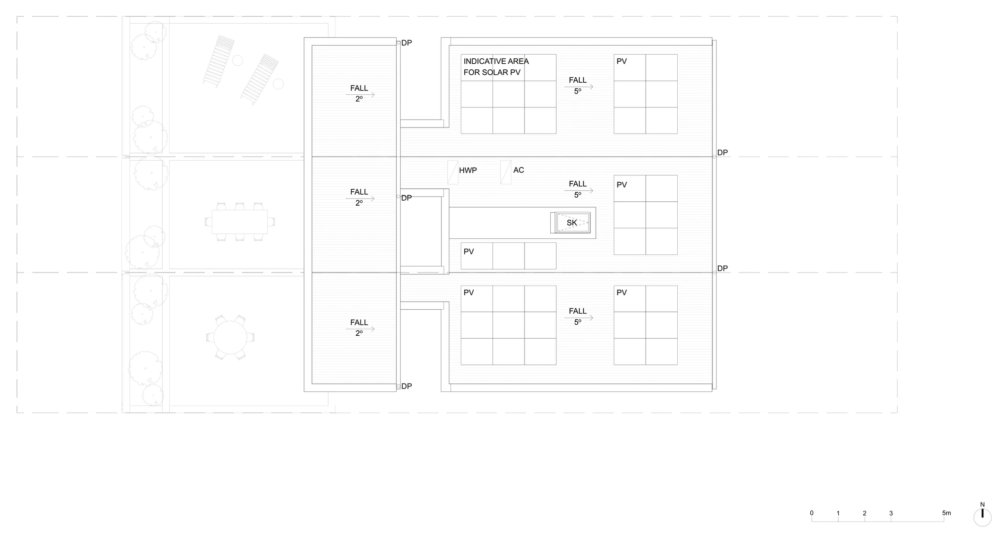 Pattern Book Terraces 01 roof terrace adaptation roof plan A-3212, showing the terrace floors falling 2 degrees, the stair enclosures, downpipes, and the main roof falling 5 degrees with solar photovoltaic areas and a skylight