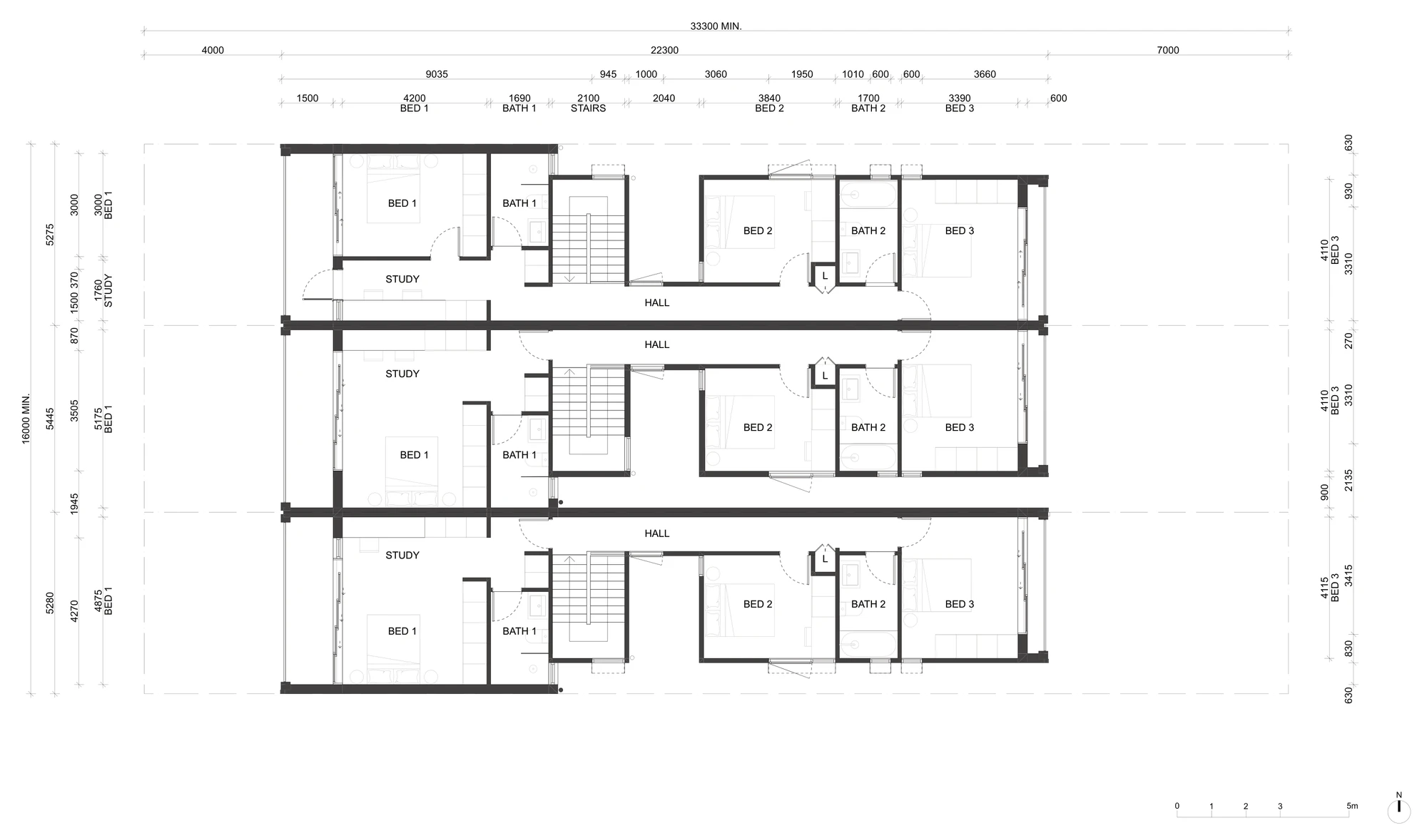 Pattern Book Terraces 01 tunnel back adaptation first floor plan A-326, showing bedroom 1, a study and a bathroom at the front of each terrace and bedroom 2, a second bathroom and bedroom 3 over the rear wing