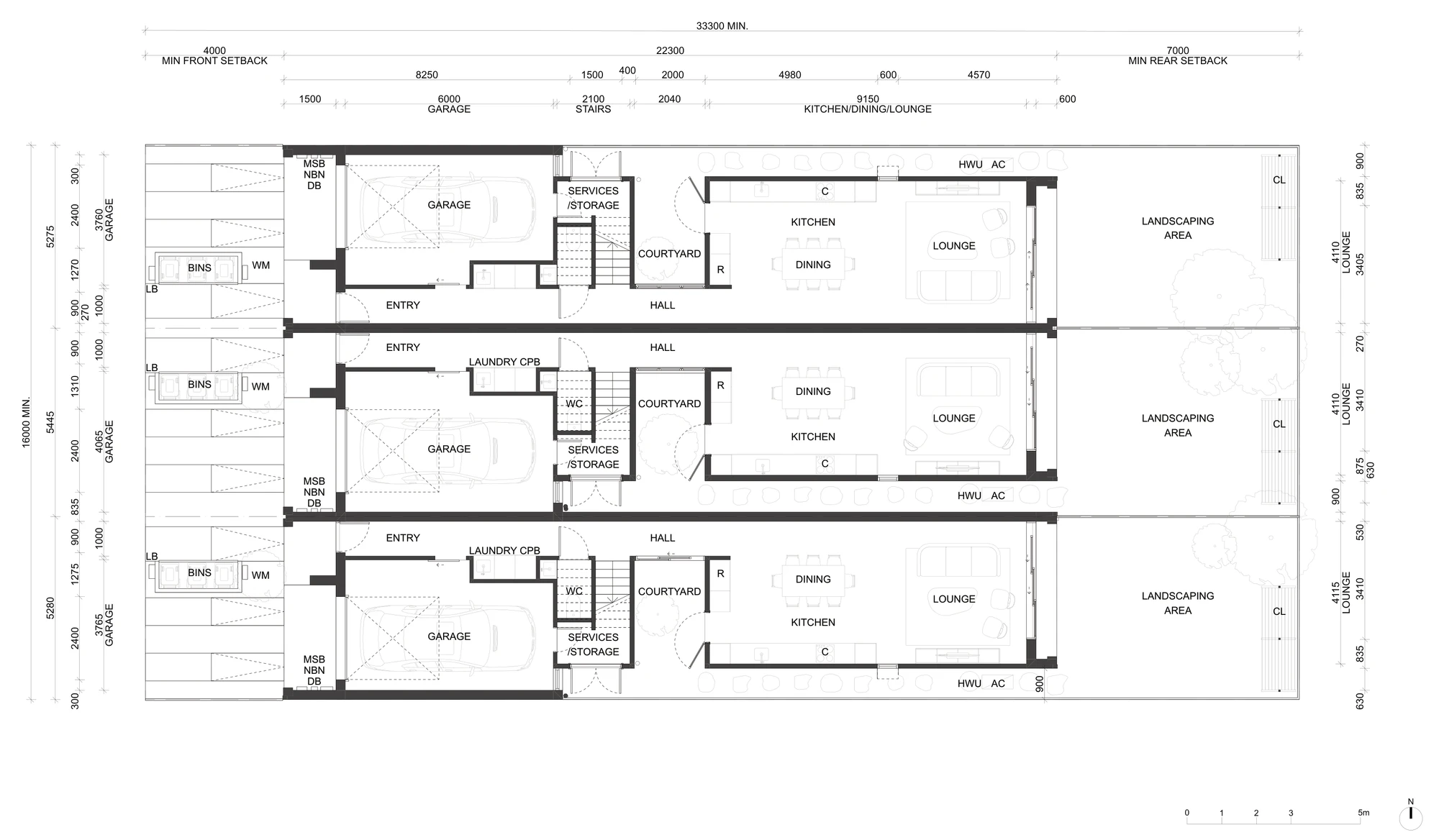 Pattern Book Terraces 01 tunnel back adaptation ground floor plan A-325, showing three terraces with garages to the street, courtyards, and a narrower kitchen, dining and lounge wing that leaves a wider side garden along one boundary