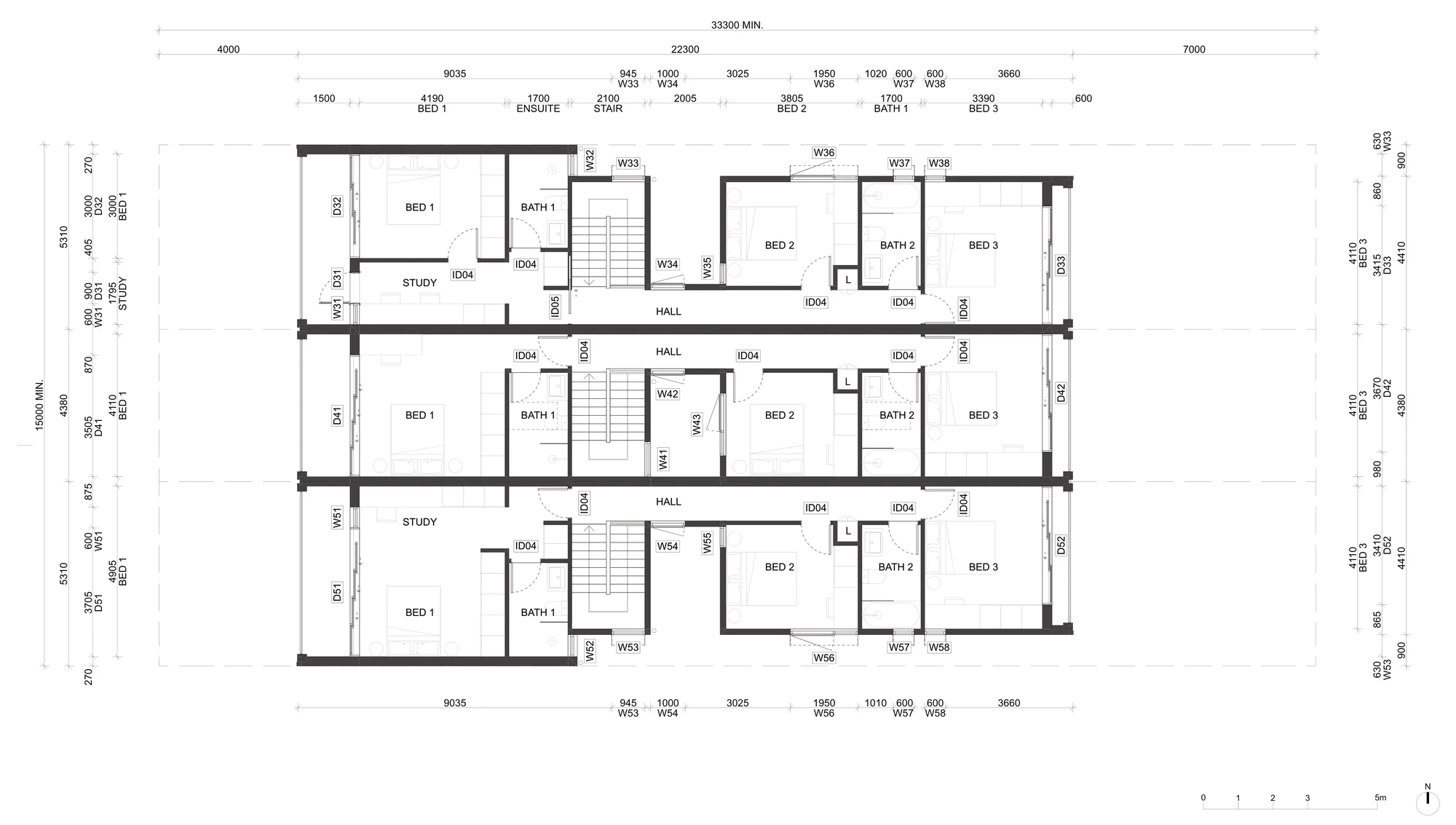 Pattern Book Terraces 01 first floor plan A-303 for a low and mid rise housing area, showing bedroom 1 with an ensuite or family bathroom and an optional study at the front, the stair and hall in the middle, and bedroom 2, a second bathroom and bedroom 3 at the rear of each terrace