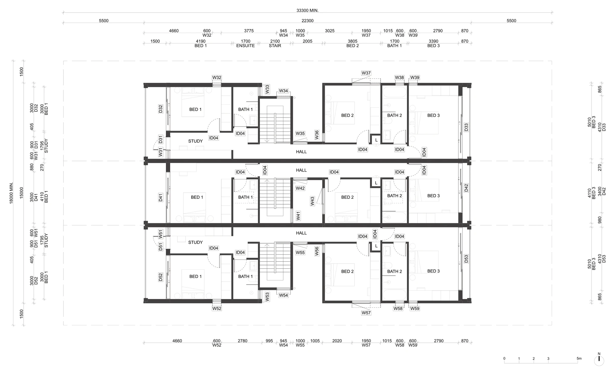 Pattern Book Terraces 01 first floor plan A-313 for a site outside the low and mid rise housing areas, showing bedroom 1 with a bathroom and optional study at the front, the stair and hall, and bedroom 2, a second bathroom and bedroom 3 at the rear of each terrace