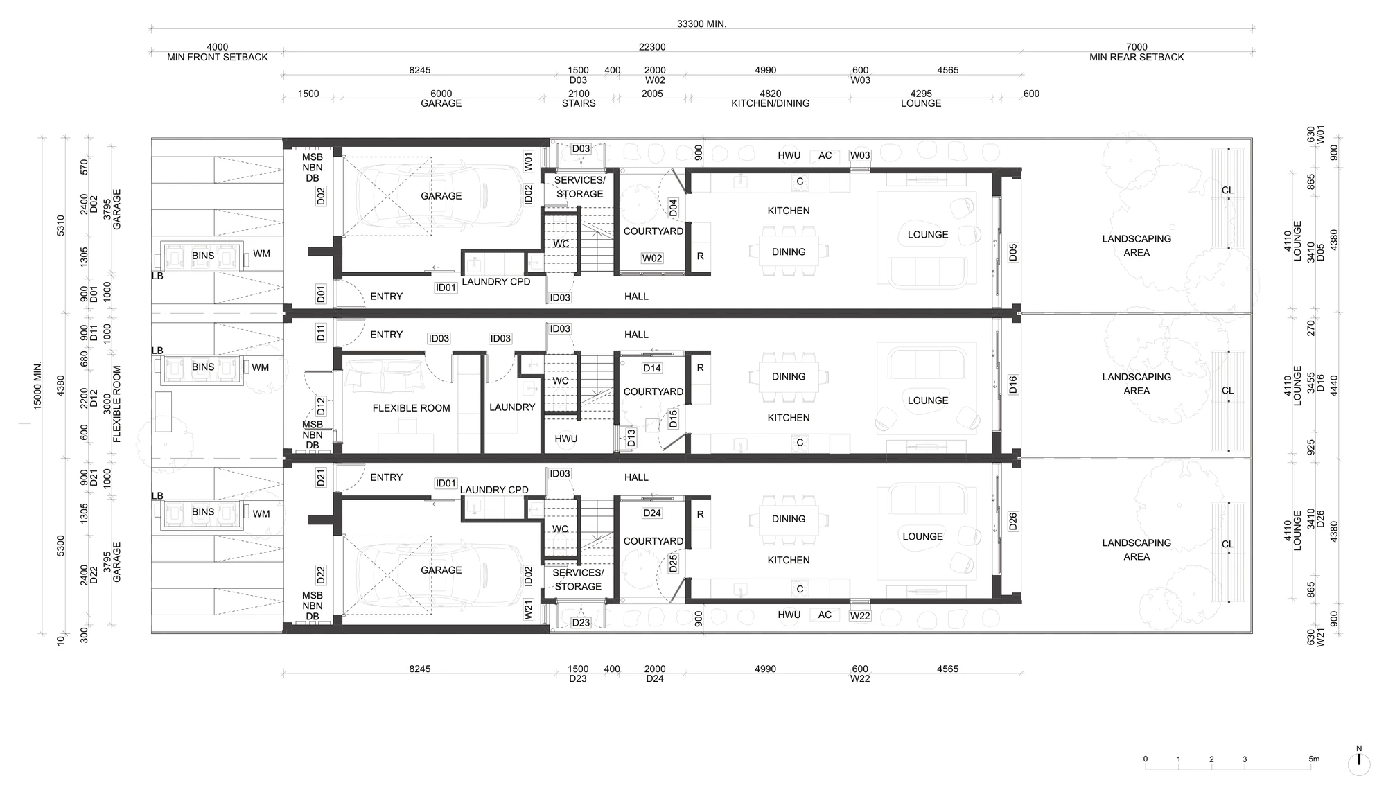 Pattern Book Terraces 01 ground floor plan A-302 for a low and mid rise housing area, showing three terraces with entry, garage or flexible room, laundry, powder room, services and storage, the central courtyard, and an open kitchen, dining and lounge opening to a landscaped rear garden