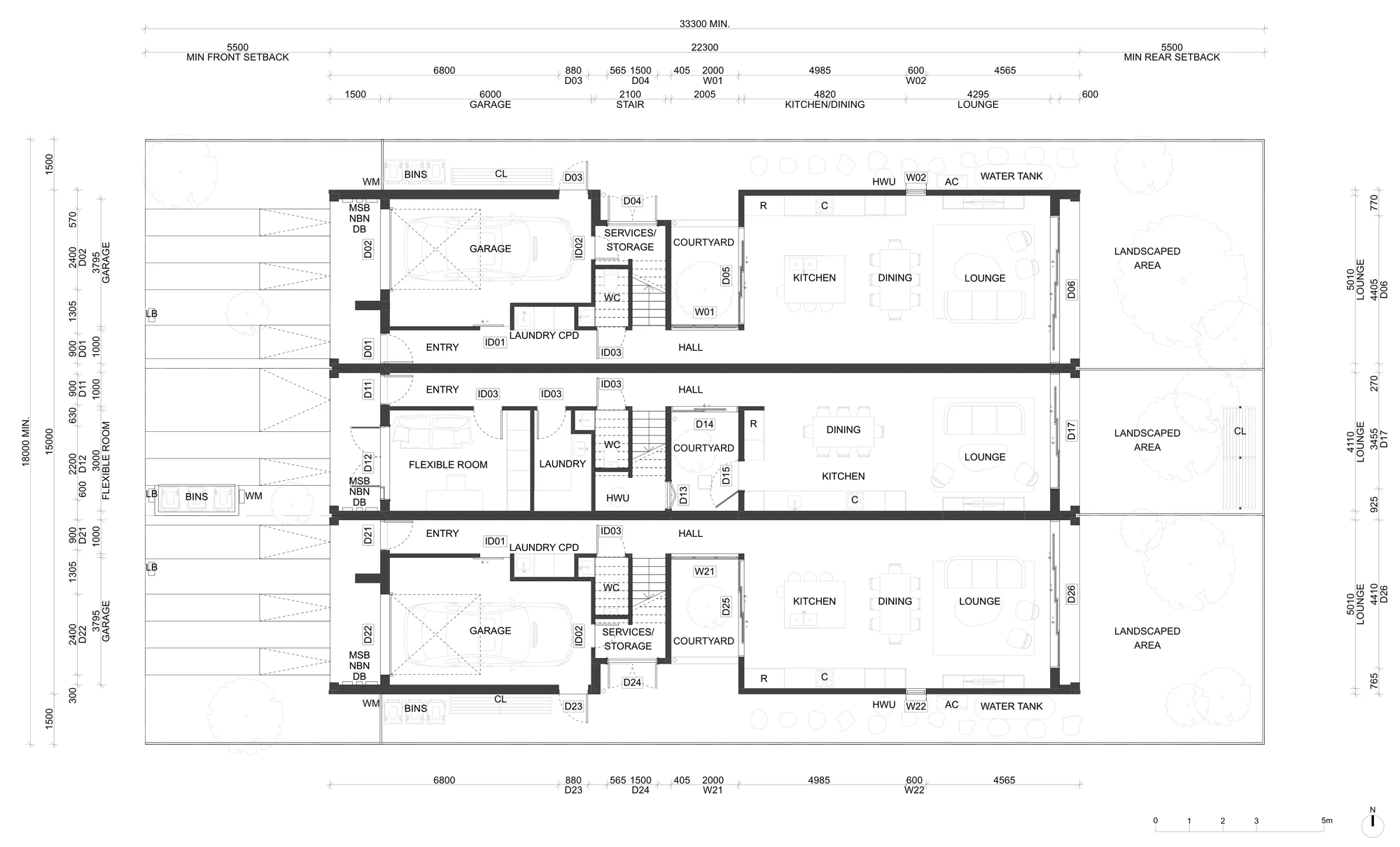 Pattern Book Terraces 01 ground floor plan A-312 for a site outside the low and mid rise housing areas, showing the same three terrace plan on a wider block with 1.5 metre side setbacks, garages, flexible room, courtyards, rainwater tanks and open living rooms to the rear gardens