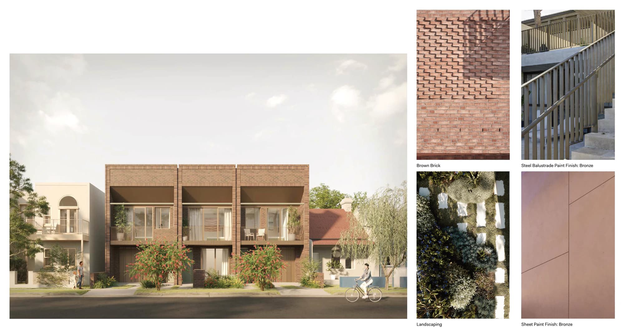 Pattern Book Terraces 01 character material palette 1, showing the street elevation of three terraces in brown brick with bronze awnings, and swatch photographs of brown brick, bronze painted steel balustrade, landscaping and bronze painted sheet