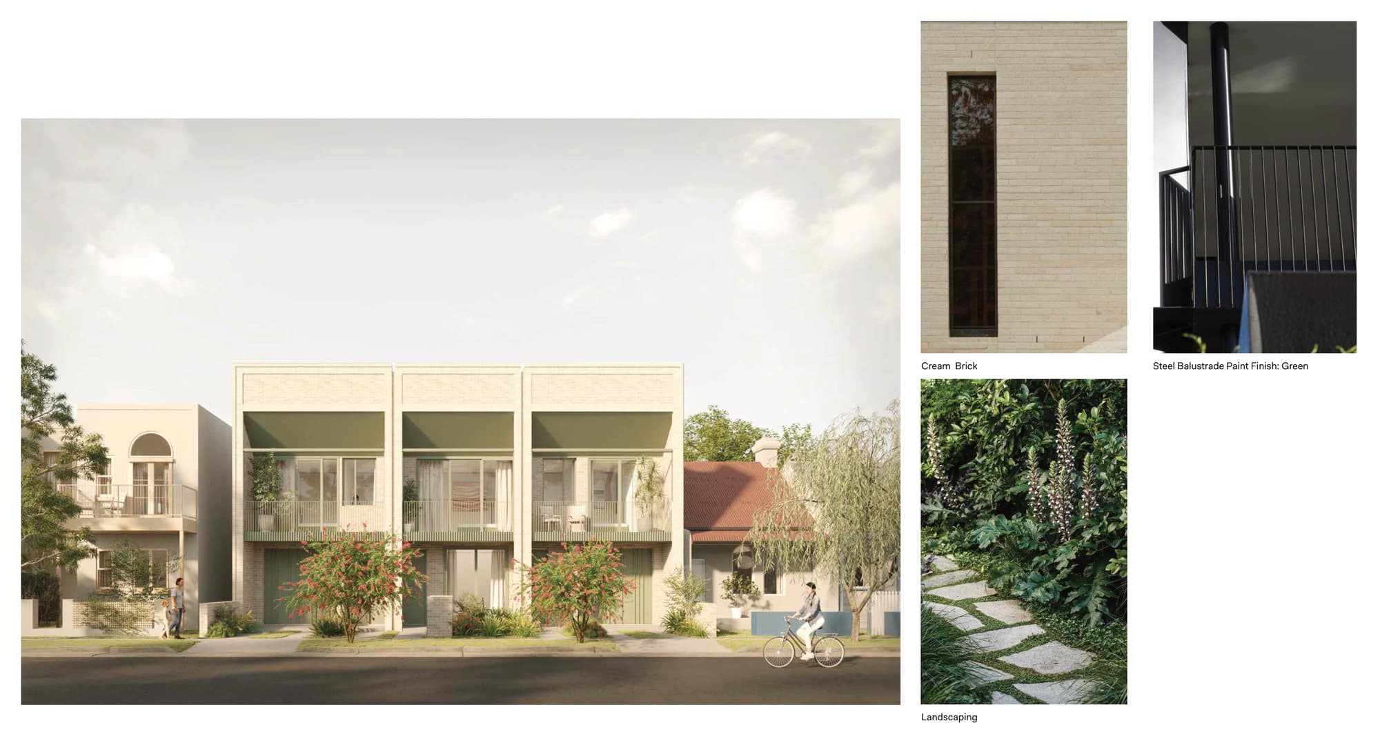 Pattern Book Terraces 01 character material palette 2, showing the street elevation of three terraces in cream brick with green awnings and balustrades, and swatch photographs of cream brick, green painted steel balustrade and landscaping