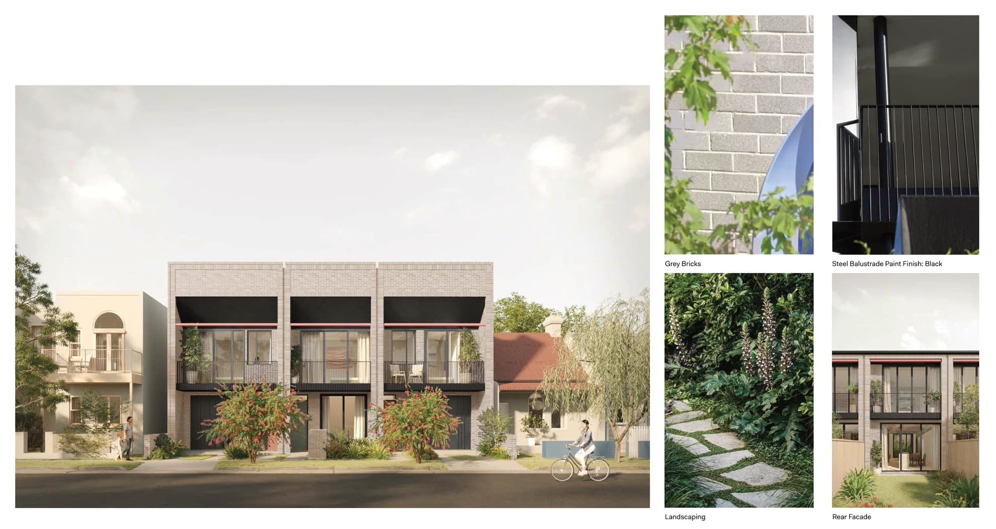 Pattern Book Terraces 01 character material palette 3, showing the street elevation of three terraces in grey brick with black awnings and balustrades, and swatch photographs of grey brick, black painted steel balustrade, landscaping and the rear facade