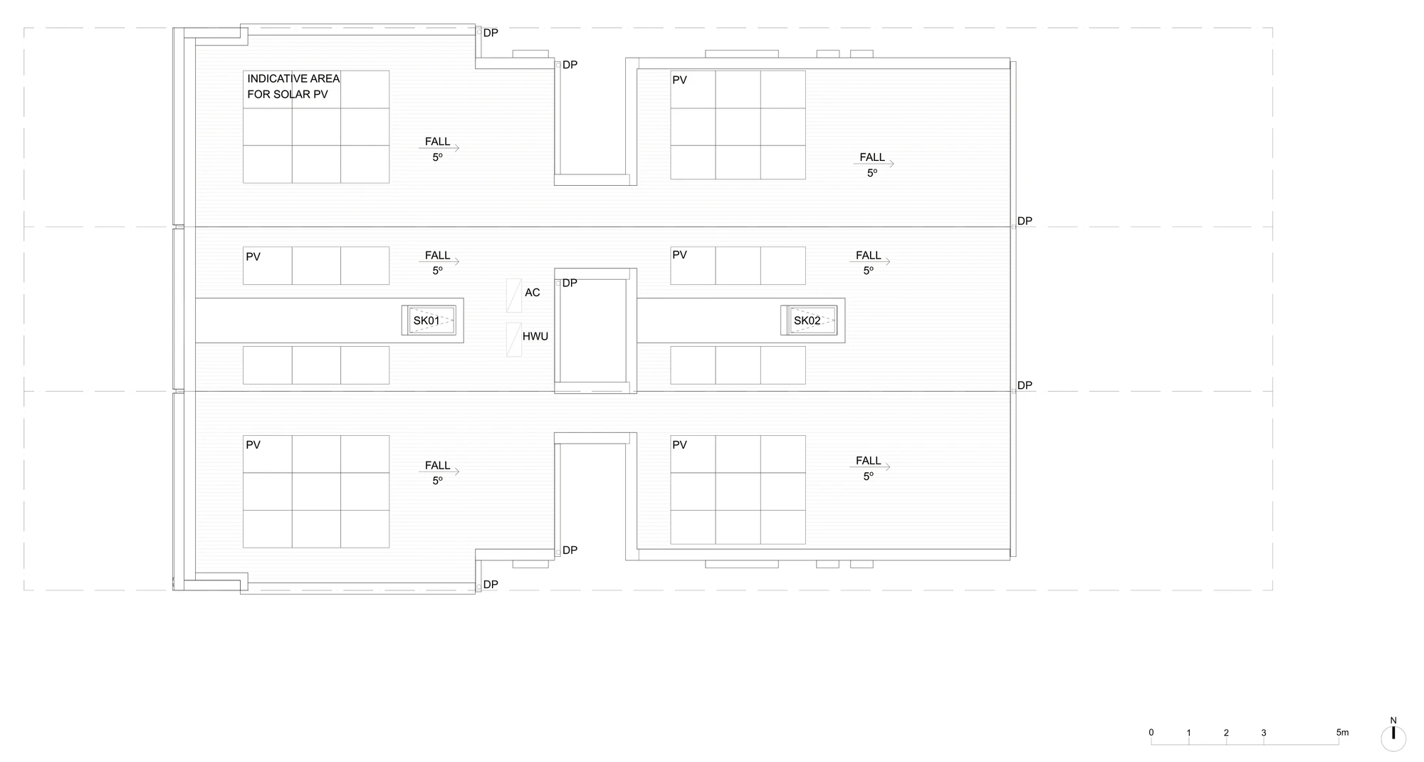 Pattern Book Terraces 01 roof plan A-304 for a low and mid rise housing area, showing the low pitched roof falling 5 degrees, the indicative area for solar photovoltaic panels on each terrace, two skylights over the stairs, downpipes, the hot water unit and the air conditioning unit