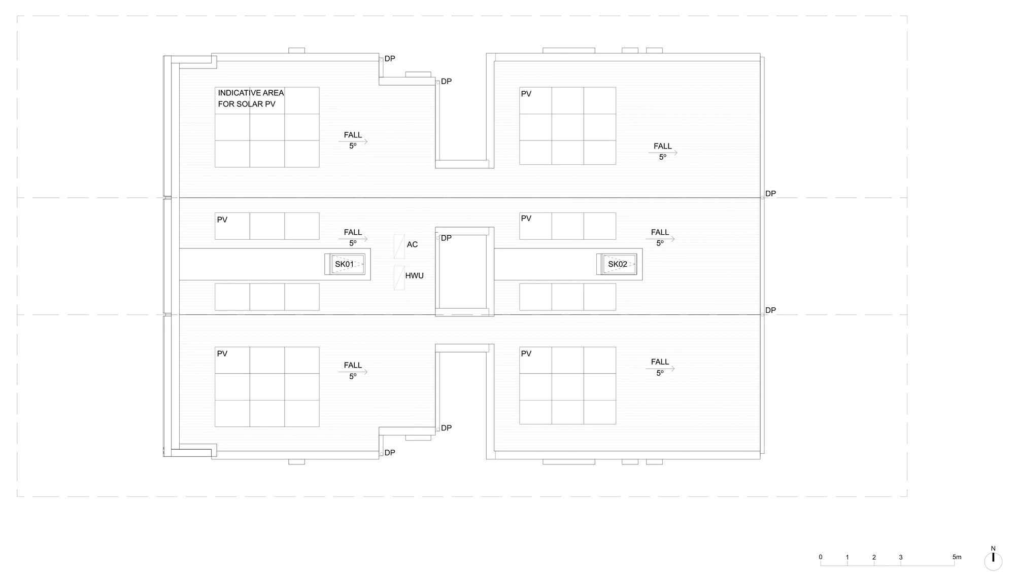 Pattern Book Terraces 01 roof plan A-314 for a site outside the low and mid rise housing areas, showing the low pitched roof falling 5 degrees, indicative solar photovoltaic areas, skylights over the stairs, downpipes and services