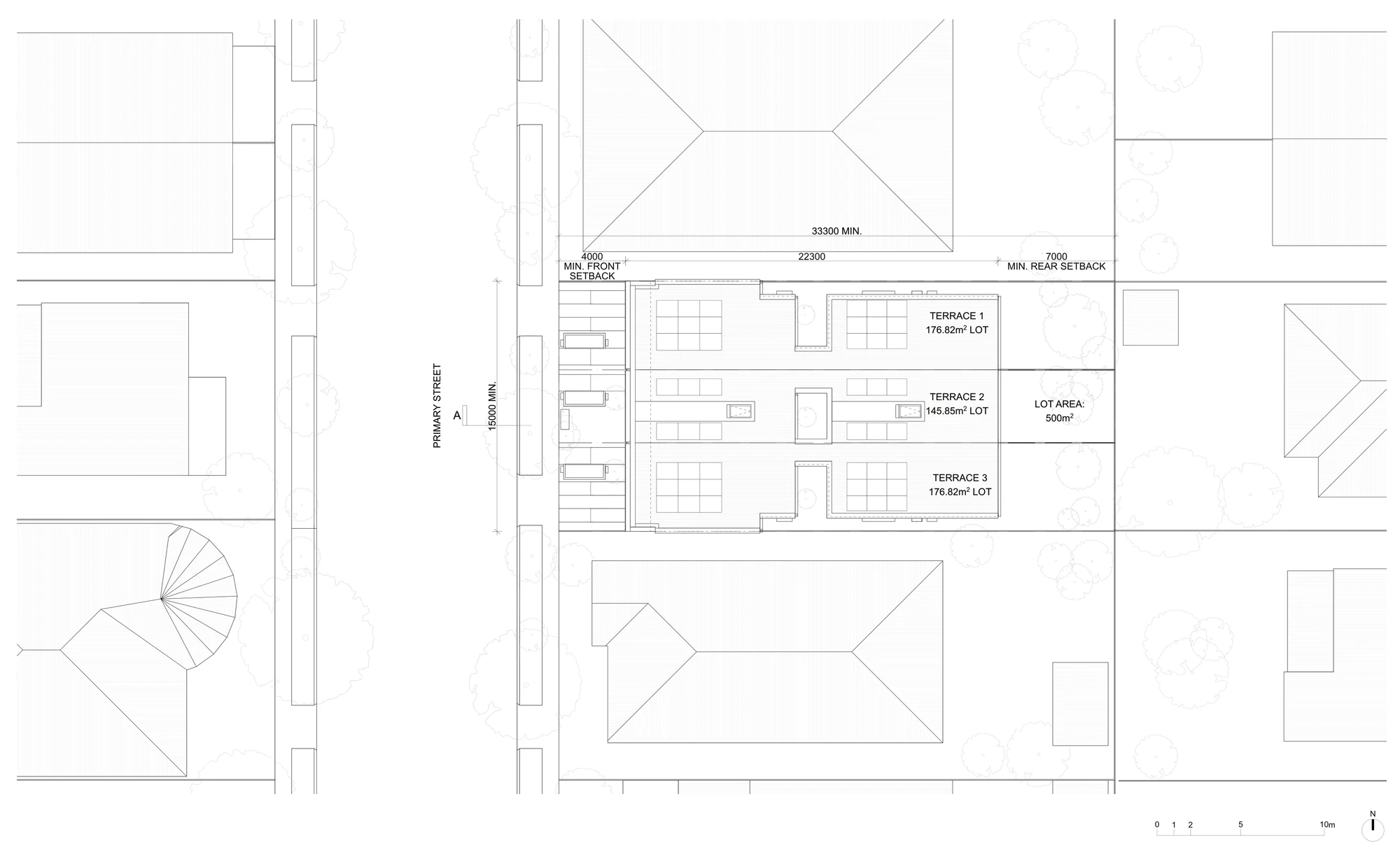 Pattern Book Terraces 01 site plan A-301 for a low and mid rise housing area, showing three terraces on a 15 metre wide by 33.3 metre deep block of 500 square metres, with a 4 metre minimum front setback, a 22.3 metre building and a 7 metre minimum rear setback, and Torrens lots of 176.82, 145.85 and 176.82 square metres