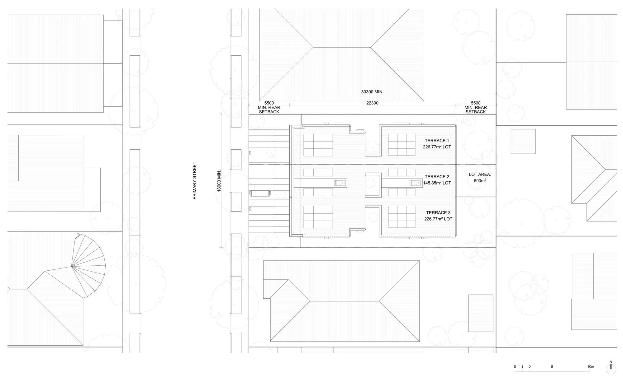 Pattern Book Terraces 01 site plan A-311 for a site outside the low and mid rise housing areas, showing three terraces on an 18 metre wide by 33.3 metre deep block of 600 square metres, with 5.5 metre minimum setbacks front and rear, a 22.3 metre building, and Torrens lots of 226.77, 145.85 and 226.77 square metres