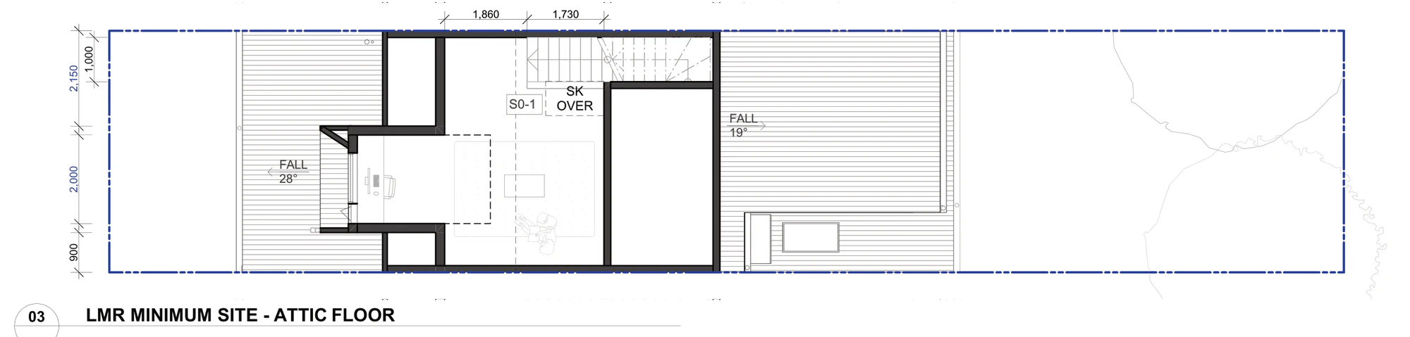 Pattern Book Terraces 02 attic floor option 03 for the minimum site, showing an extra room in the roof space lit by a dormer window and a skylight over the stair, between the 28 degree front roof and the 19 degree rear roof