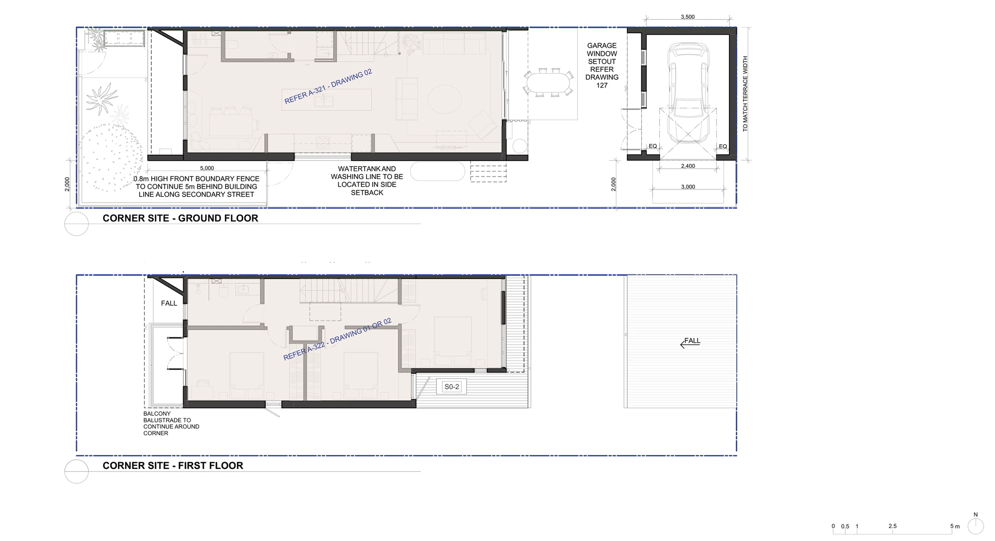 Pattern Book Terraces 02 corner site adaptation A-323, showing the end terrace ground floor and first floor with a detached garage 3 metres wide off the secondary street, the 0.8 metre high front boundary fence continuing 5 metres behind the building line and the balcony balustrade returning around the corner